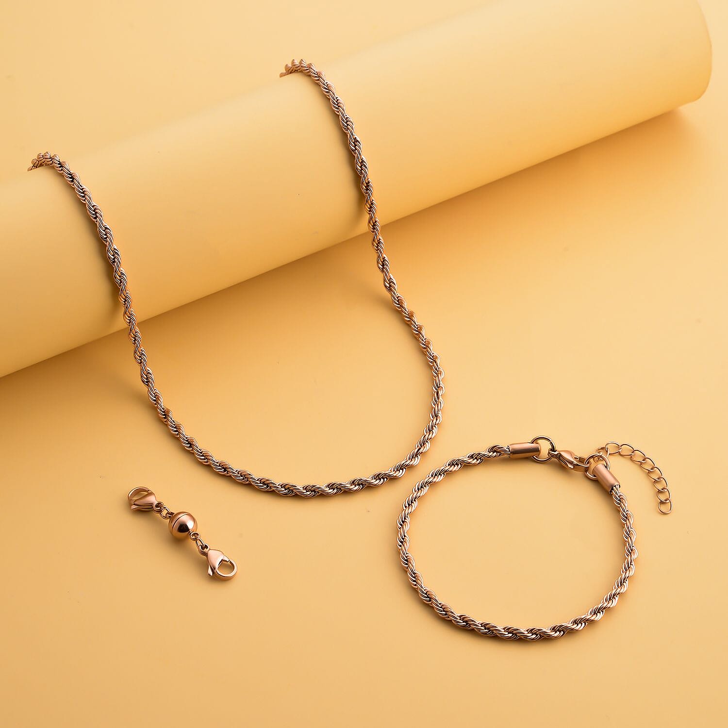 Set of 3 - Rope Necklace (Size 24), Bracelet (Size 7.5) and Magnetic Lock in Stainless Steel with Rose Gold