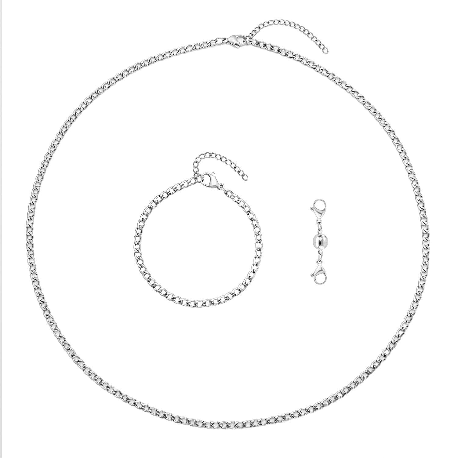  Set of 3 - Curb Necklace (Size 24), Bracelet (Size 7.5 In) and Magnetic Lock in Stainless Steel