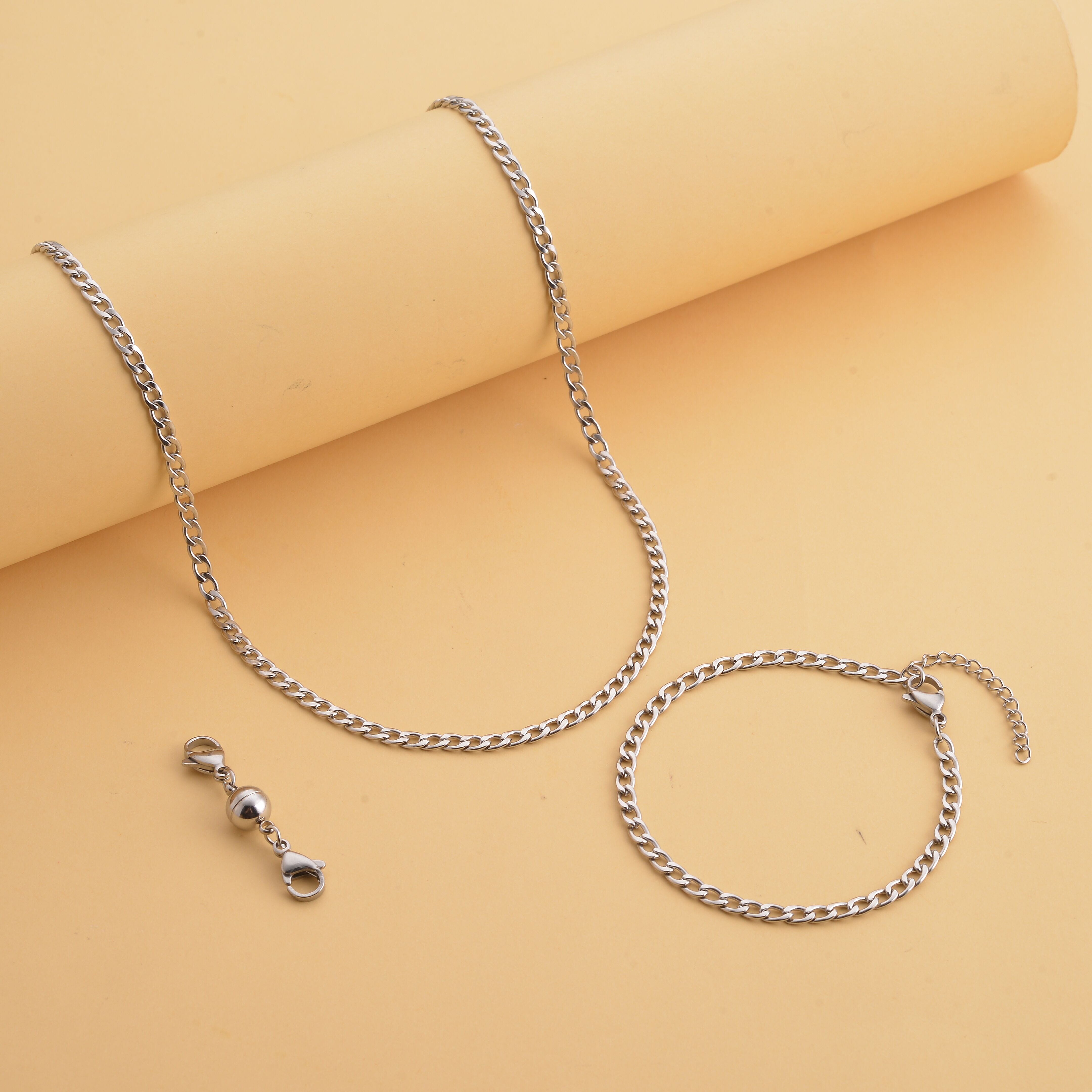  Set of 3 - Curb Necklace (Size 24), Bracelet (Size 7.5 In) and Magnetic Lock in Stainless Steel