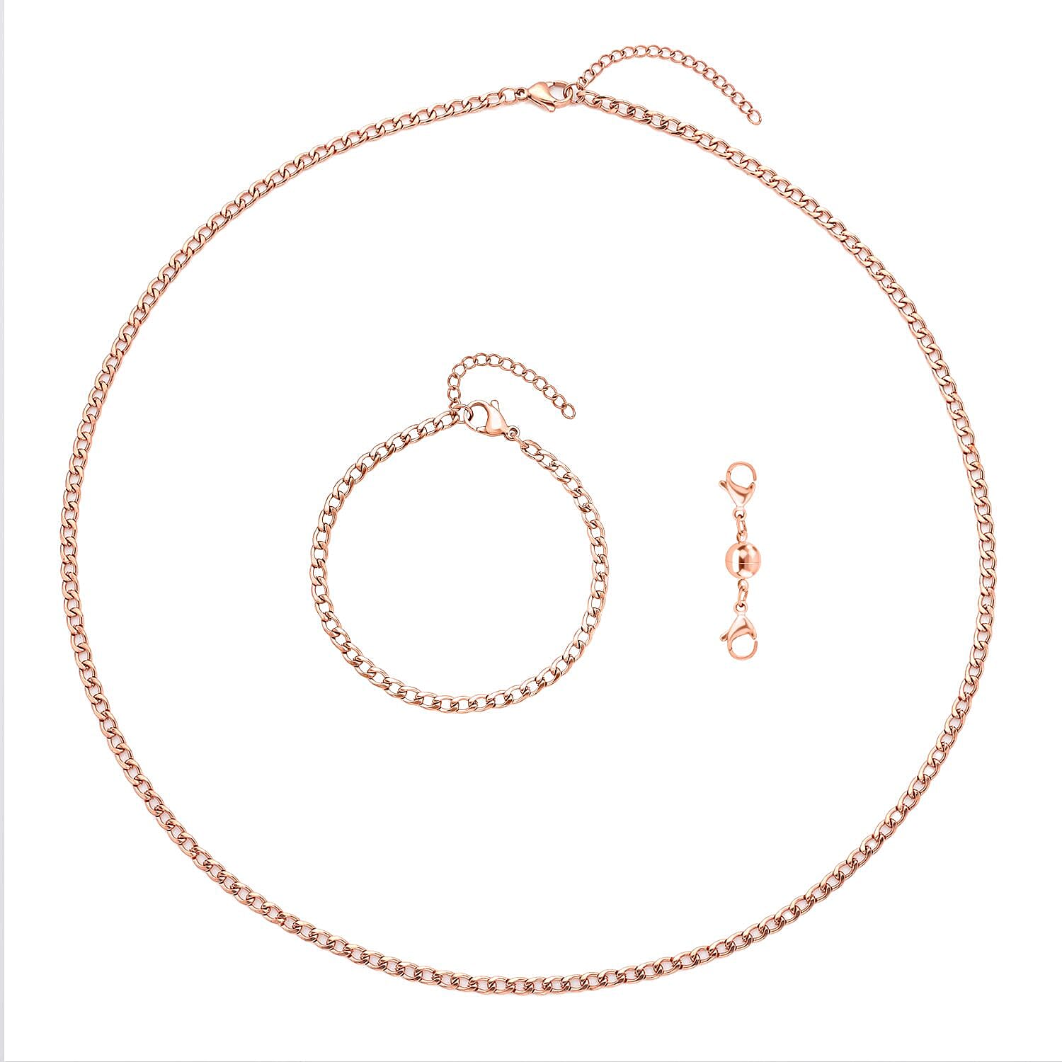 Set of 3 - Curb Necklace (Size 24), Bracelet (Size 7.5) and Magnetic Lock in Stainless Steel with Rose Gold