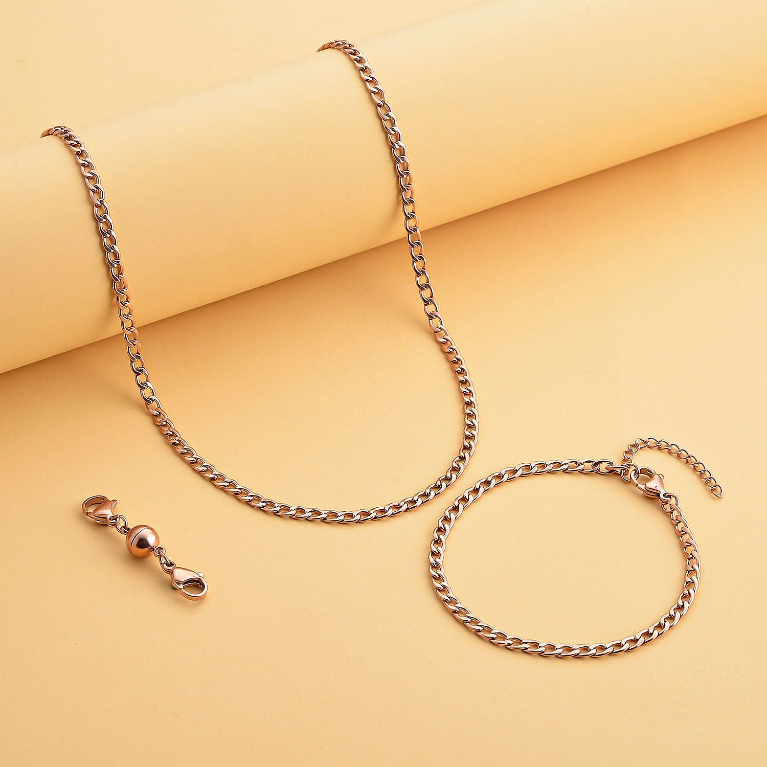 Set of 3 - Curb Necklace (Size 24), Bracelet (Size 7.5) and Magnetic Lock in Stainless Steel with Rose Gold