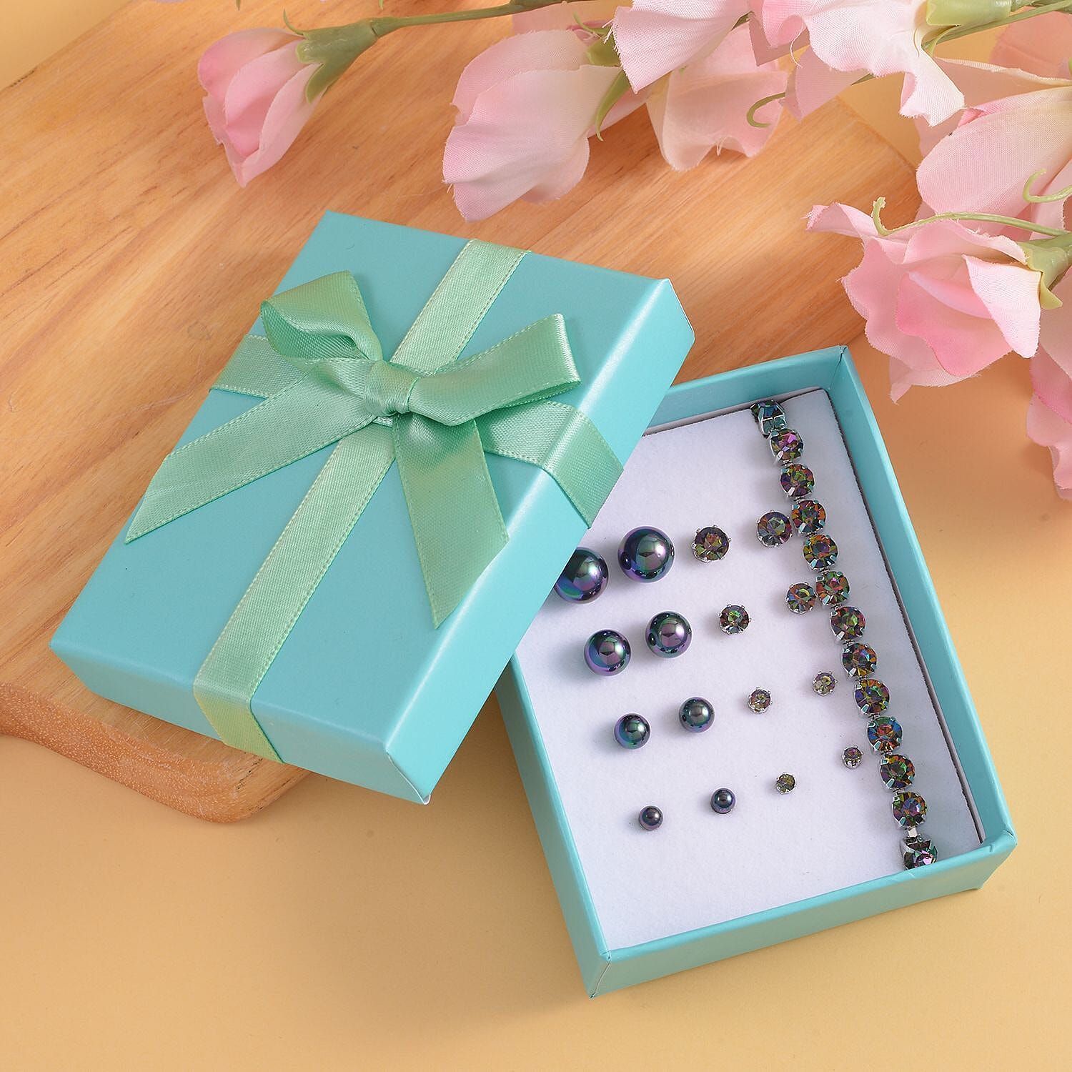 Birthday Mega Deal - 9 Piece Set - Mystic Crystal Tennis Bracelet (Size 7.5 - 2 Ext) With 4 Pairs Of Shell Pearl Earrings & 4 Pairs of Crystal Earrings With Push Backs Presented in a Gift Box
