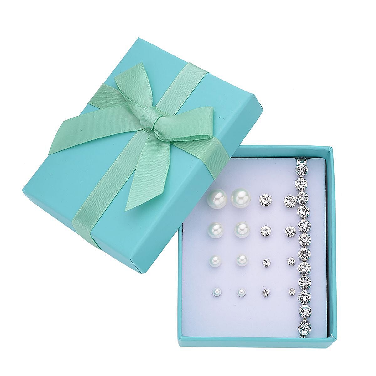 Birthday Mega Deal - 9 Piece Set - White Crystal Tennis Bracelet (Size 7.5 - 2 Ext) With 4 Pairs Of Shell Pearl Earrings & 4 Pairs of Crystal Earrings With Push Backs Presented in a Gift Box