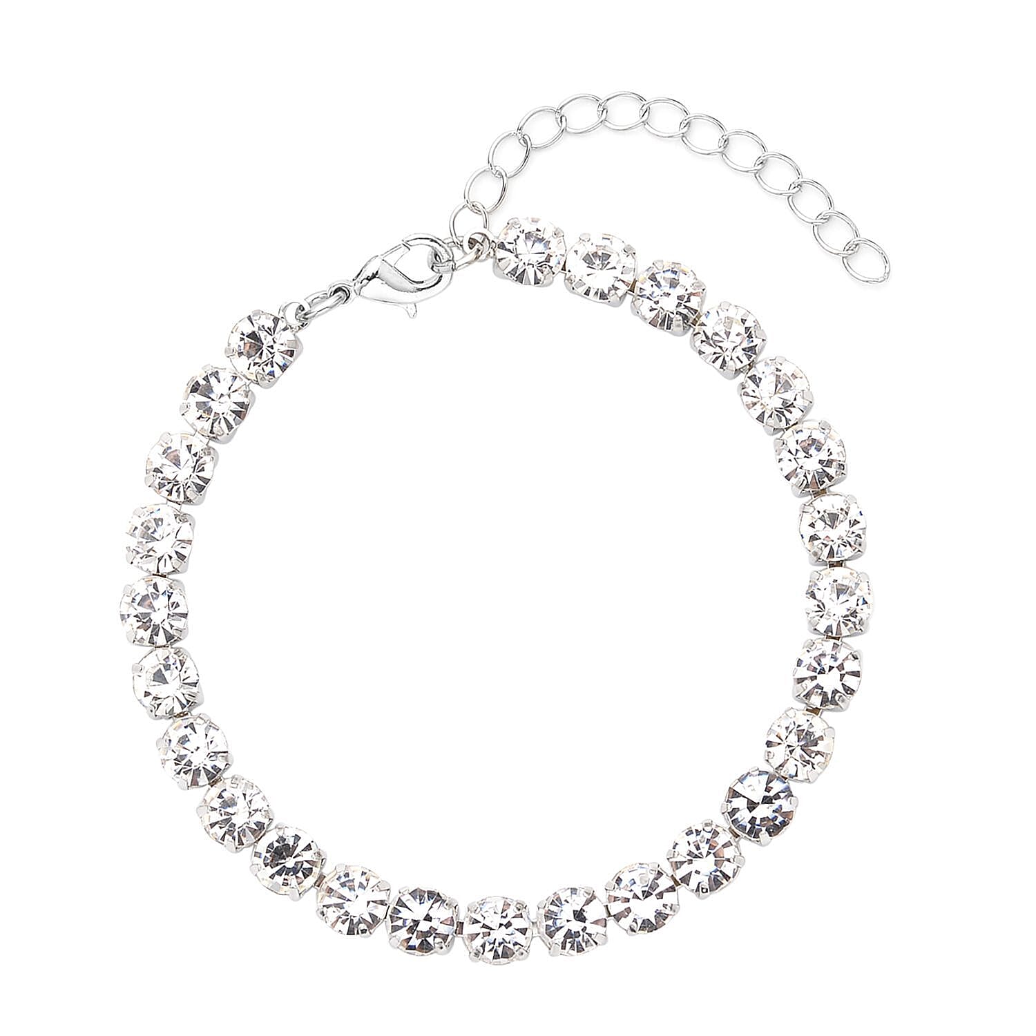 Birthday Mega Deal - 9 Piece Set - White Crystal Tennis Bracelet (Size 7.5 - 2 Ext) With 4 Pairs Of Shell Pearl Earrings & 4 Pairs of Crystal Earrings With Push Backs Presented in a Gift Box