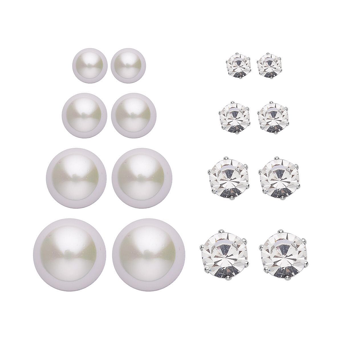 Birthday Mega Deal - 9 Piece Set - White Crystal Tennis Bracelet (Size 7.5 - 2 Ext) With 4 Pairs Of Shell Pearl Earrings & 4 Pairs of Crystal Earrings With Push Backs Presented in a Gift Box