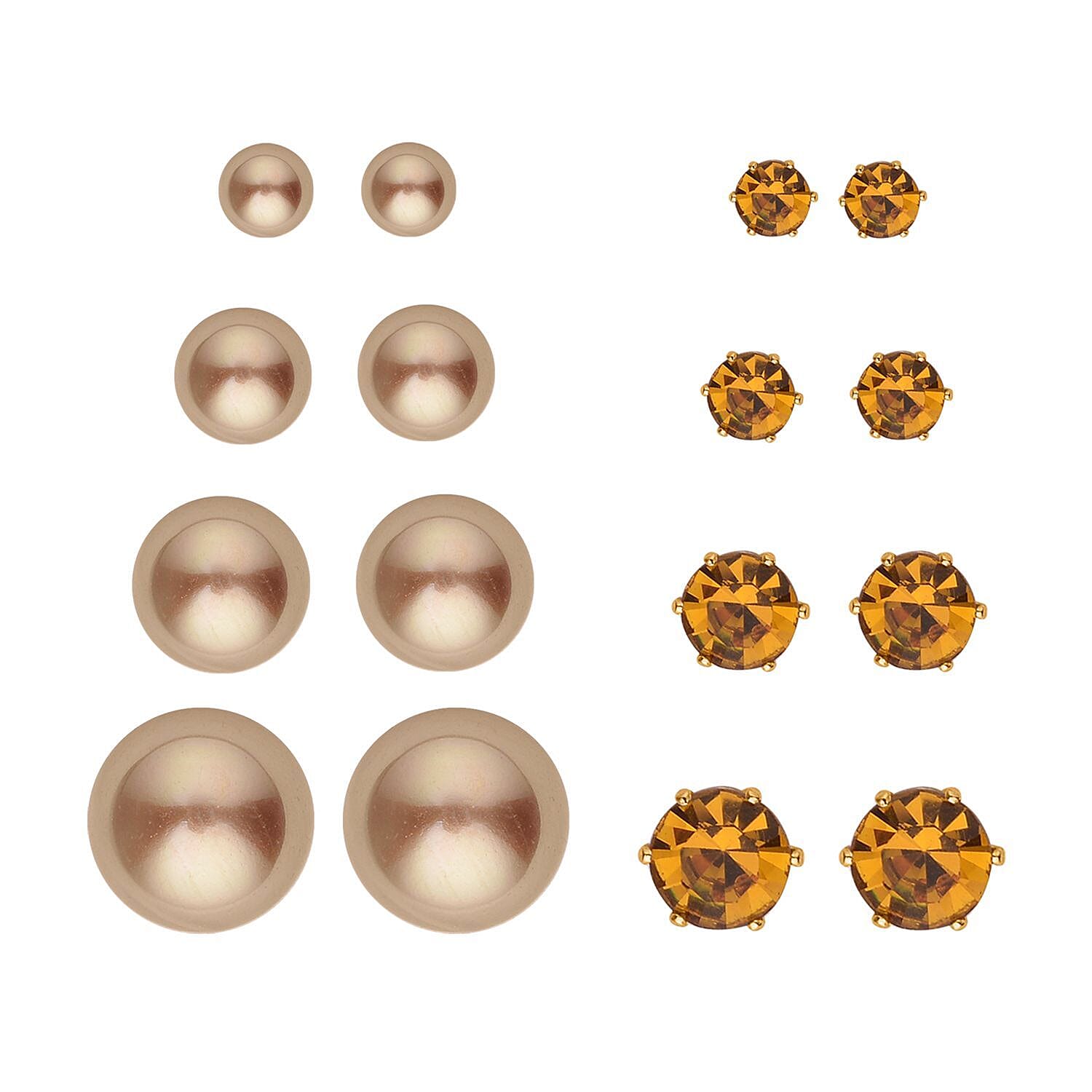 Birthday Mega Deal - 9 Piece Set - Champagne Crystal Tennis Bracelet (Size 7.5 - 2 Ext) With 4 Pairs Of Shell Pearl Earrings & 4 Pairs of Crystal Earrings With Push Backs Presented in a Gift Box