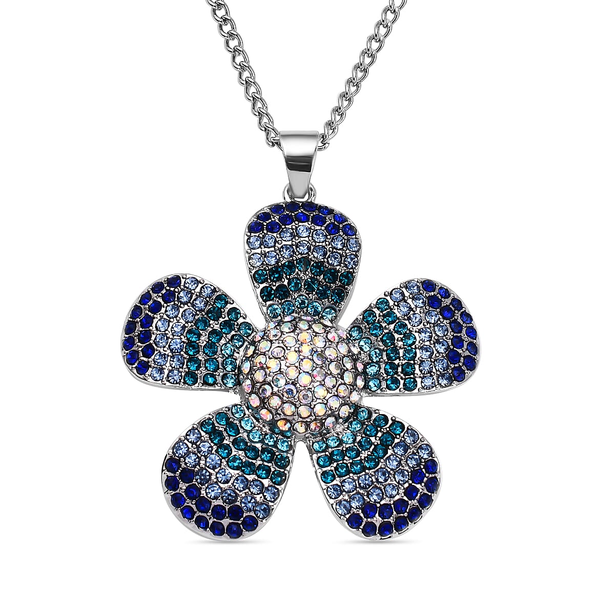 Multi Colour Austrian Crystal Floral Pendant with Chain in Silver Tone