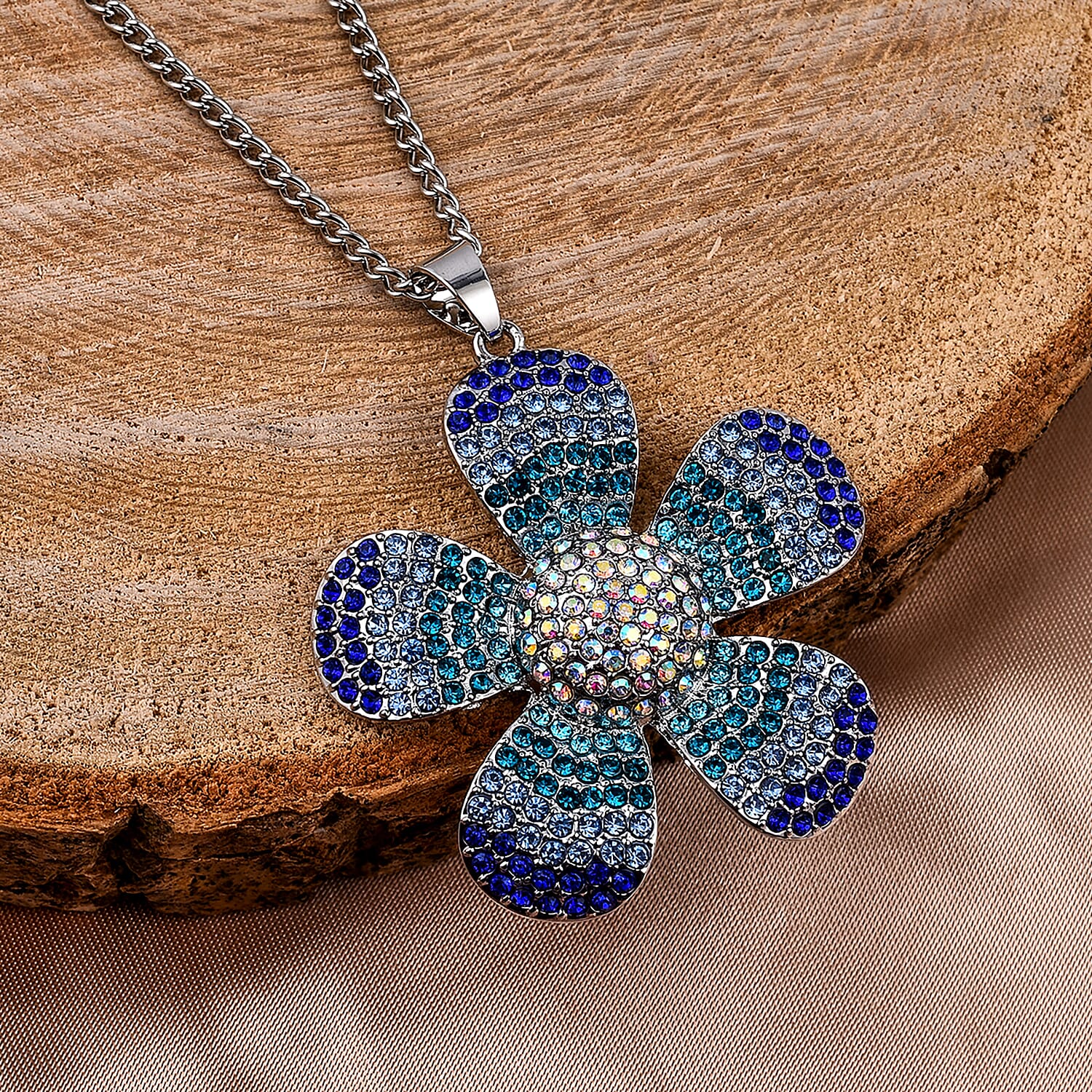 Multi Colour Austrian Crystal Floral Pendant with Chain in Silver Tone