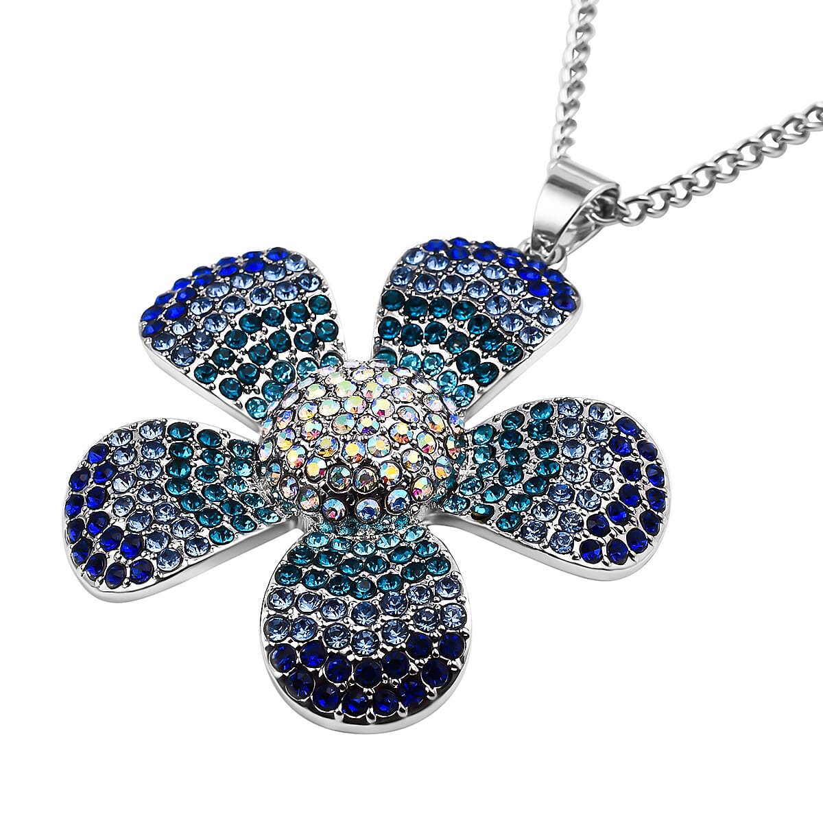 Multi Colour Austrian Crystal Floral Pendant with Chain in Silver Tone