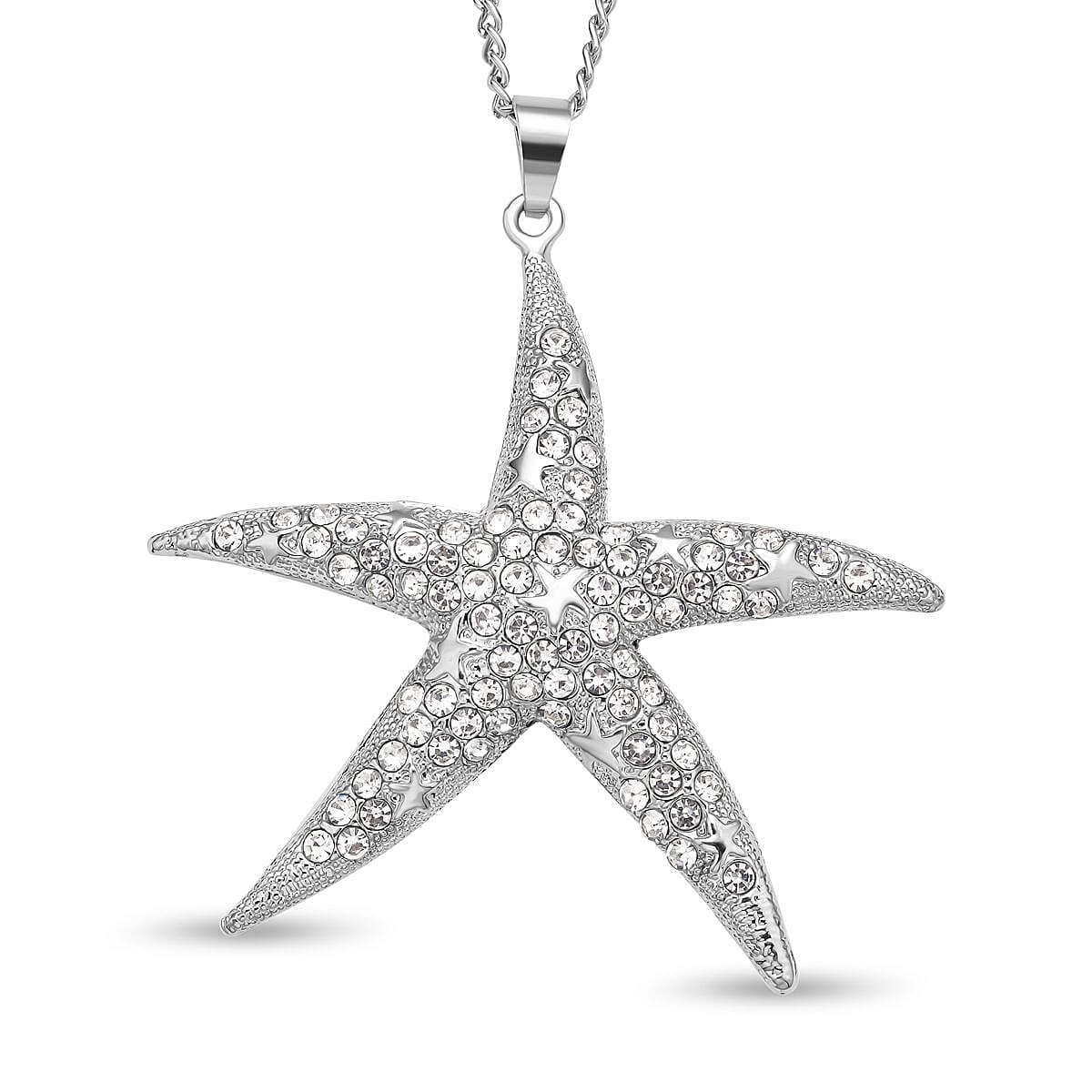 White Austrian Crystal Starfish Pendant with Chain in Silver Tone