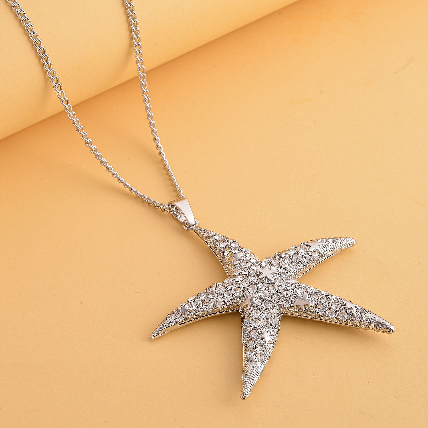 White Austrian Crystal Starfish Pendant with Chain in Silver Tone