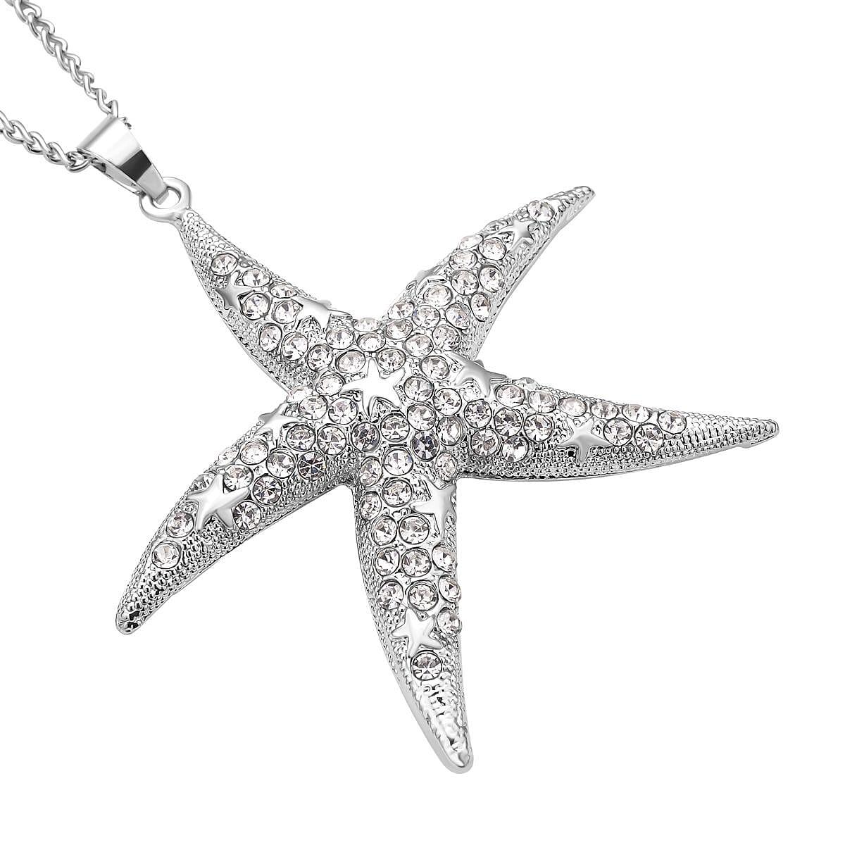 White Austrian Crystal Starfish Pendant with Chain in Silver Tone