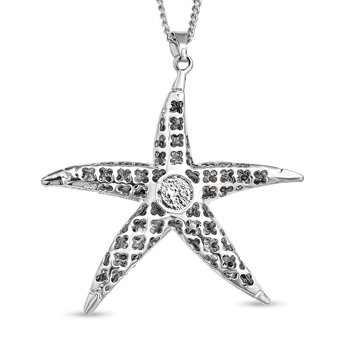 White Austrian Crystal Starfish Pendant with Chain in Silver Tone