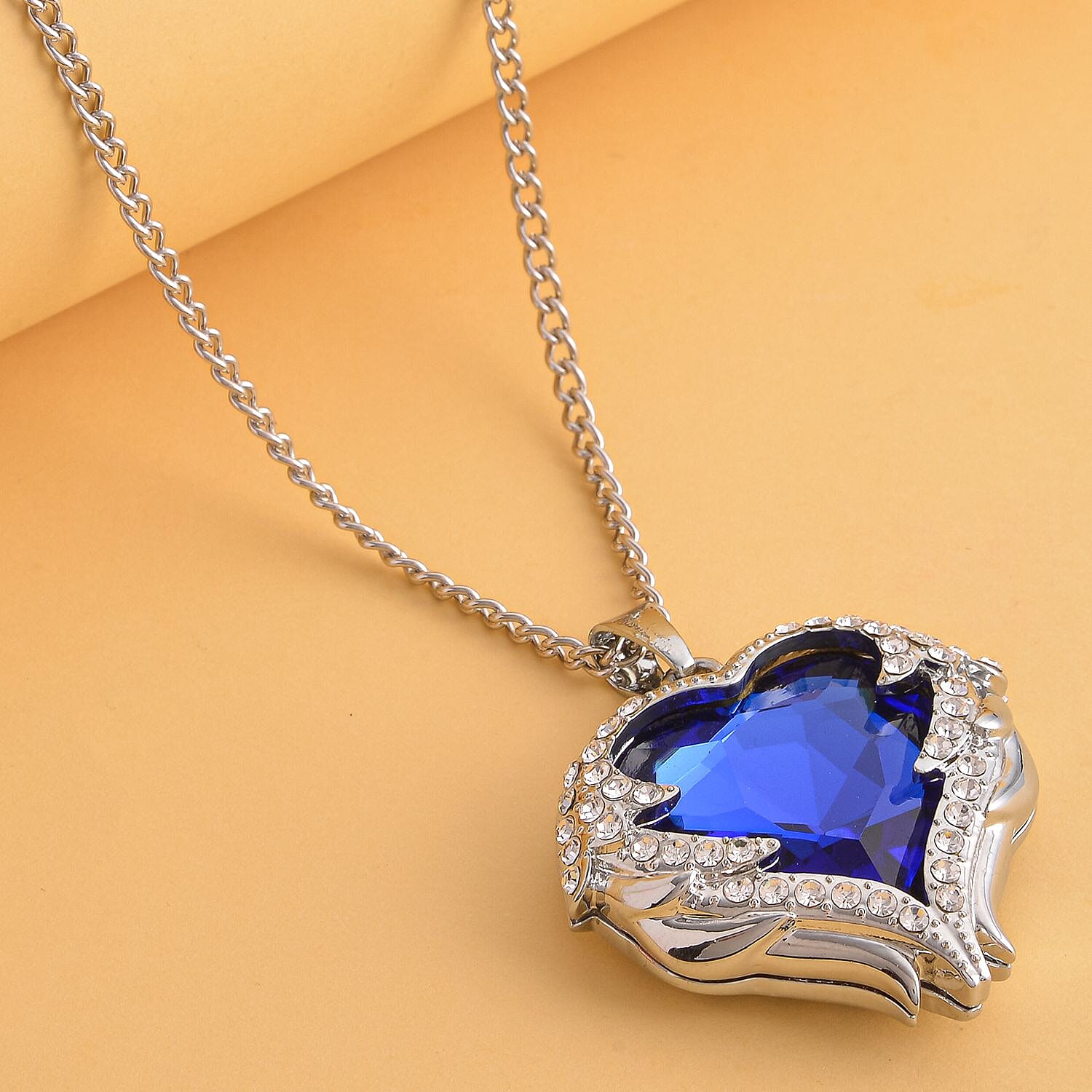 White Austrian Crystal Heart Pendant with Chain in Silver Tone