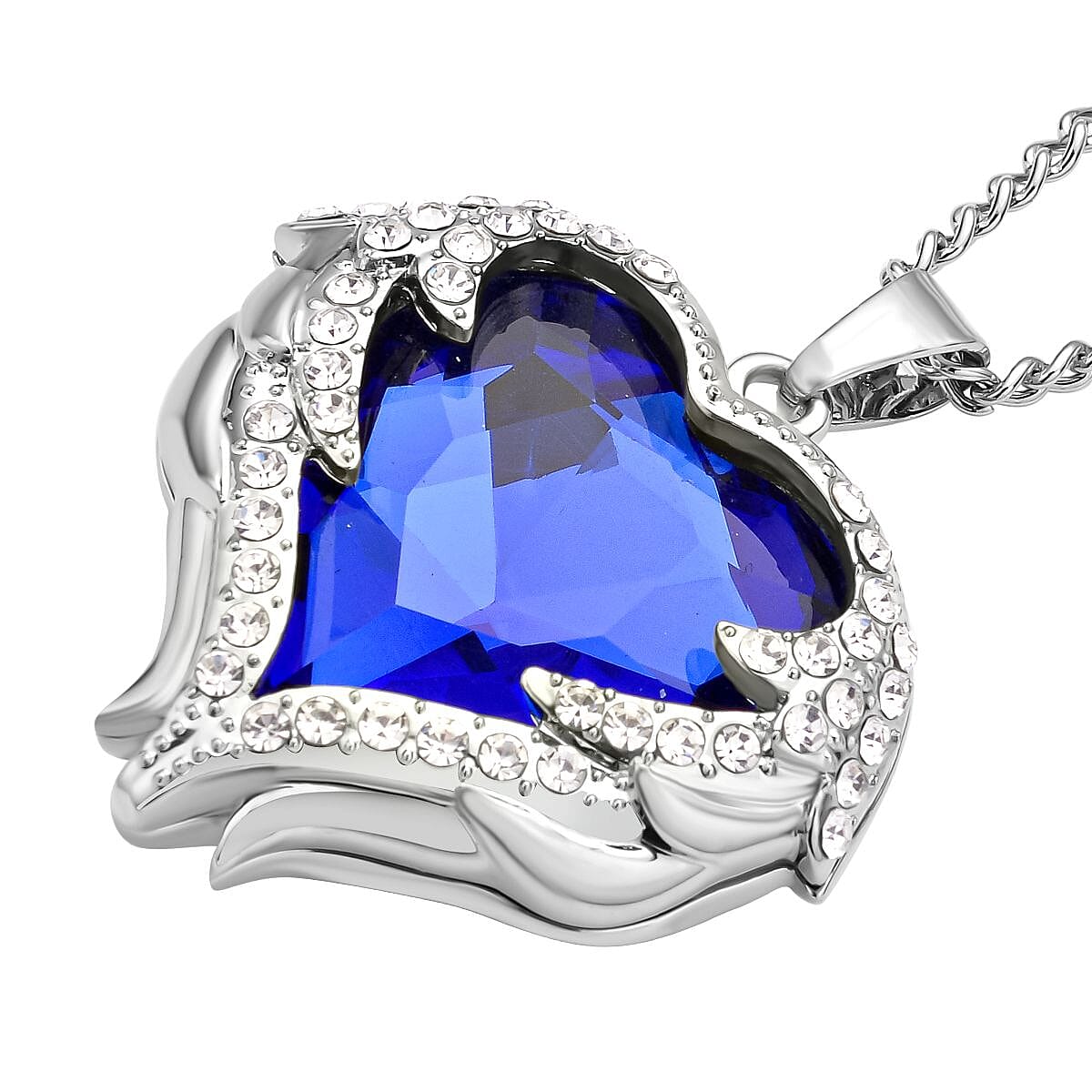 White Austrian Crystal Heart Pendant with Chain in Silver Tone