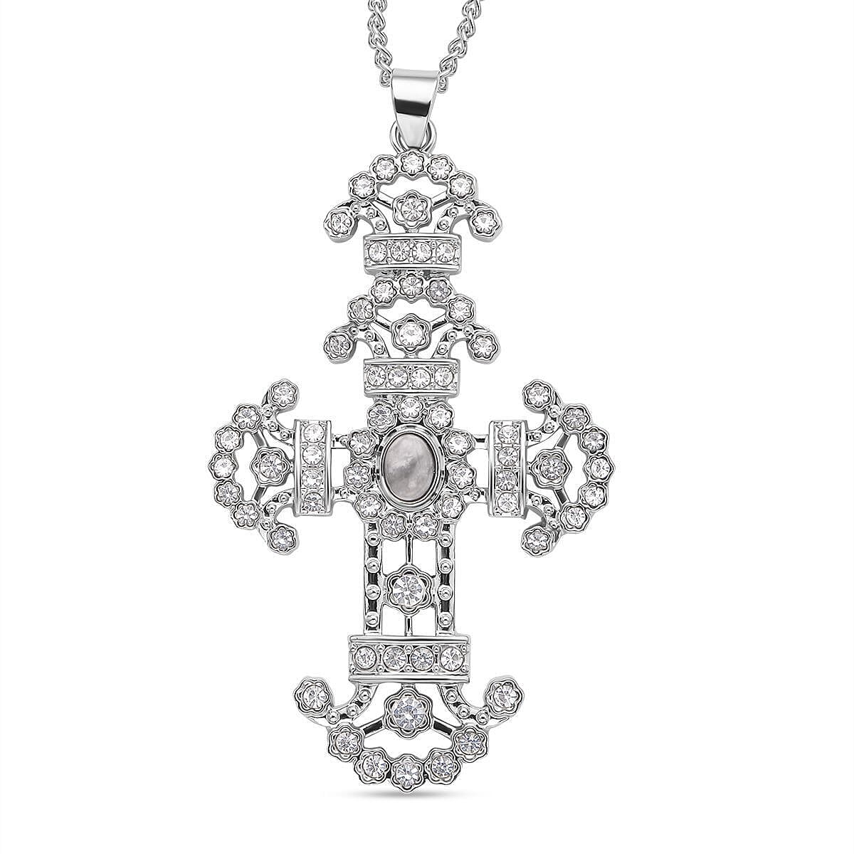 White Howlite and White Austrian Crystal Cross Pendant with Chain (29 with 2 Inch Extender) in Silver Tone