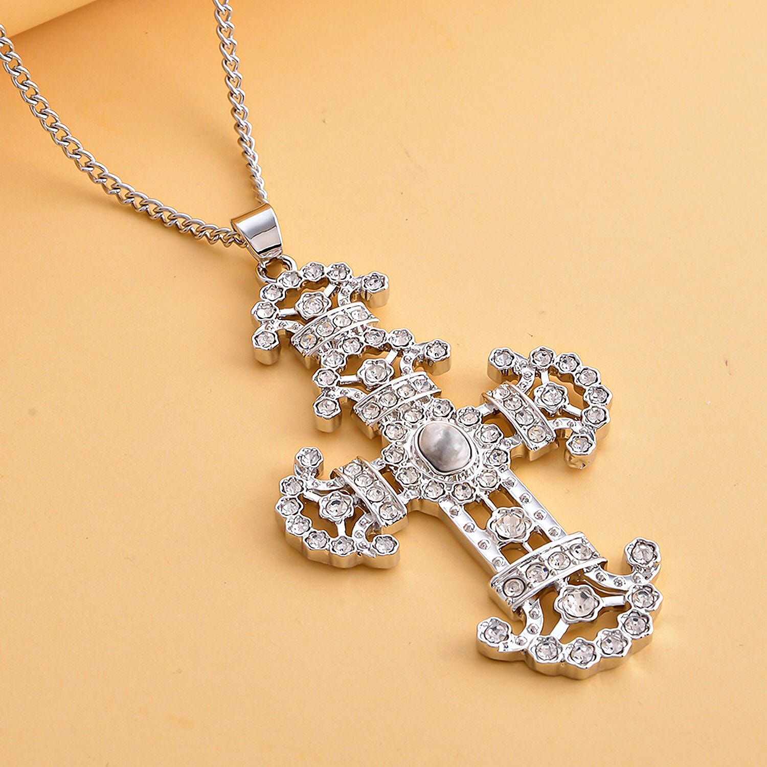 White Howlite and White Austrian Crystal Cross Pendant with Chain (29 with 2 Inch Extender) in Silver Tone