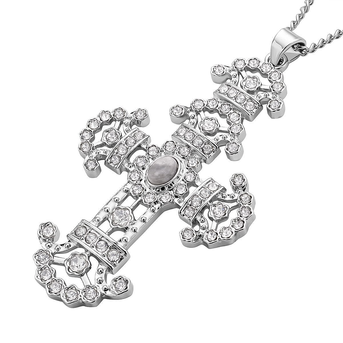 White Howlite and White Austrian Crystal Cross Pendant with Chain (29 with 2 Inch Extender) in Silver Tone