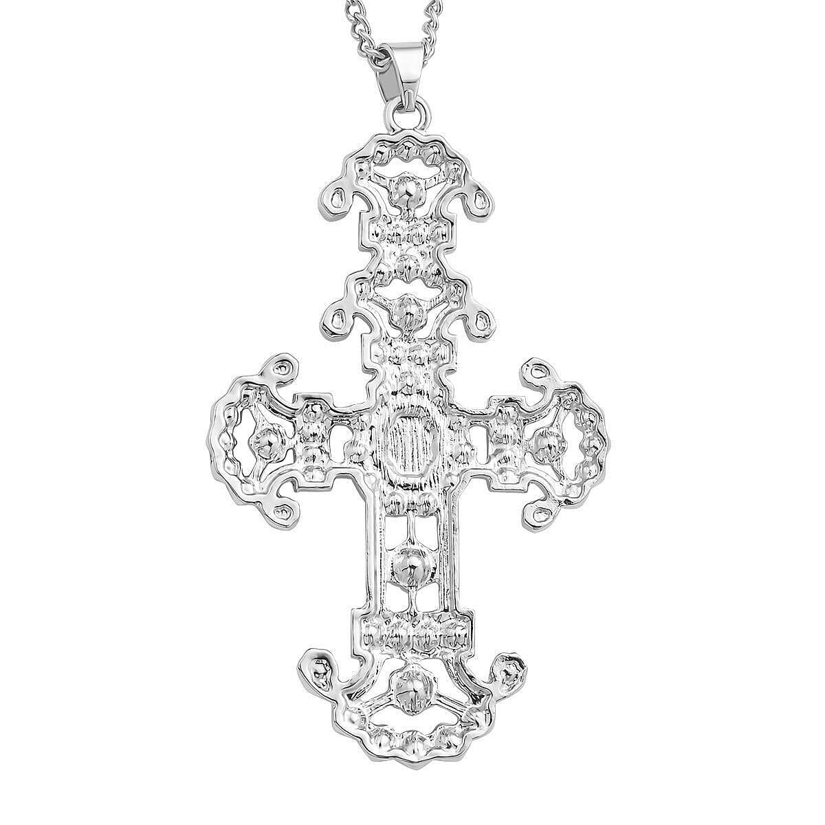 White Howlite and White Austrian Crystal Cross Pendant with Chain (29 with 2 Inch Extender) in Silver Tone