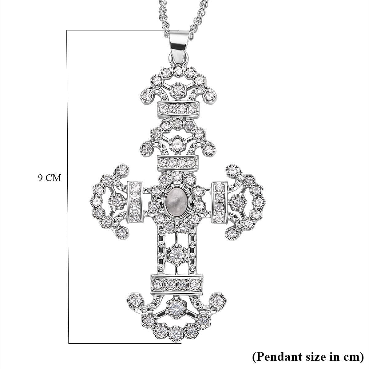 White Howlite and White Austrian Crystal Cross Pendant with Chain (29 with 2 Inch Extender) in Silver Tone