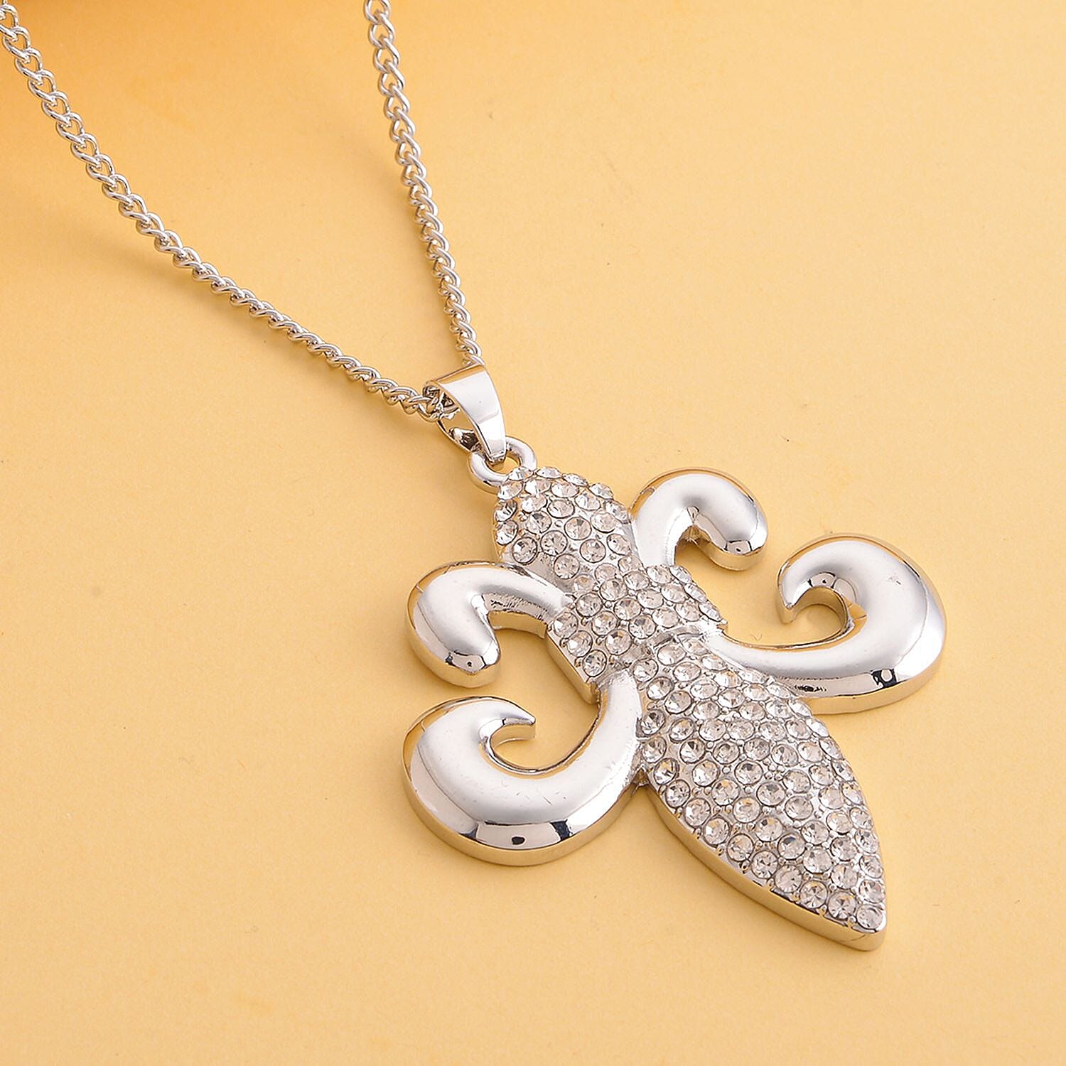 White Austrian Crystal Fleur de Lis Pendant with Chain (Size 29-2 Inch Ext.) in Silver Tone