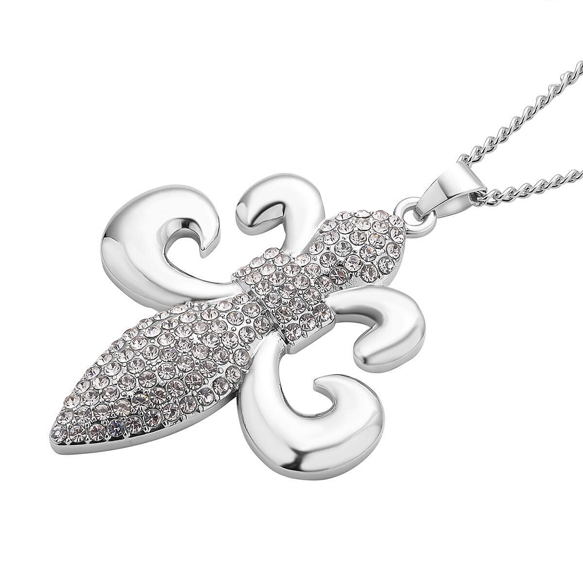 White Austrian Crystal Fleur de Lis Pendant with Chain (Size 29-2 Inch Ext.) in Silver Tone