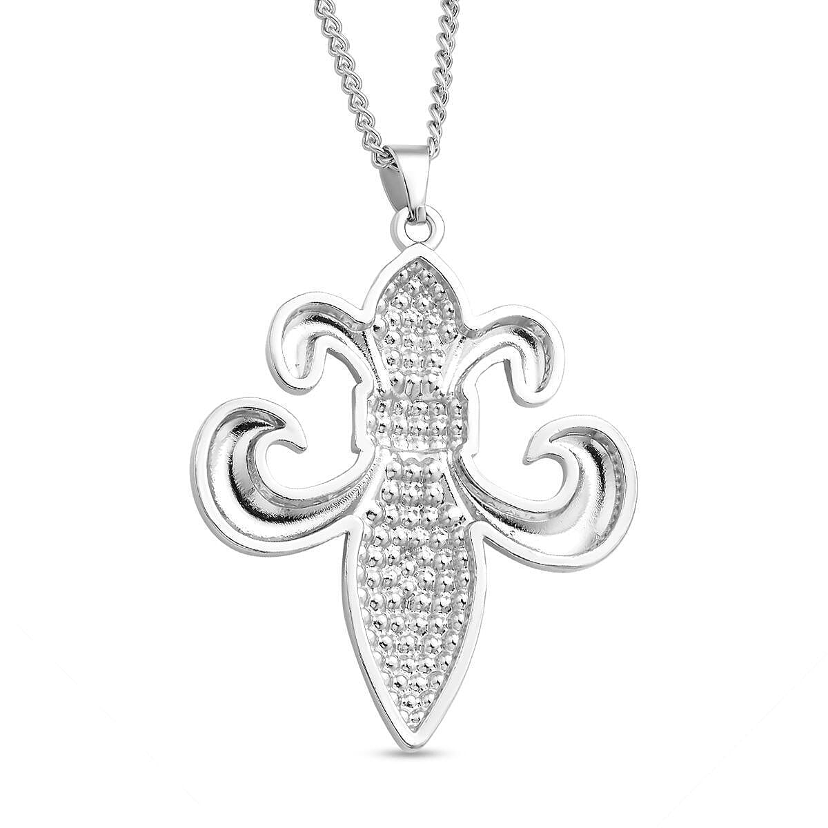 White Austrian Crystal Fleur de Lis Pendant with Chain (Size 29-2 Inch Ext.) in Silver Tone
