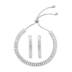 2 Piece Set -  White Cubic Zirconia Bracelet ( Adjustable 6 to 9 inch) and Earring (with Clasp) Pure White Brass  19.500  Ct.