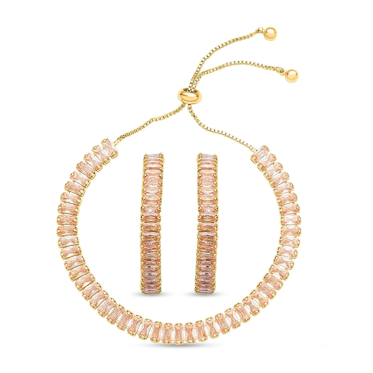 2 Piece Set - Simulated Diamond Earrings (with Clasp) and Bracelet (Adjustable 6 to 9 inch) in Yellow Gold Tone