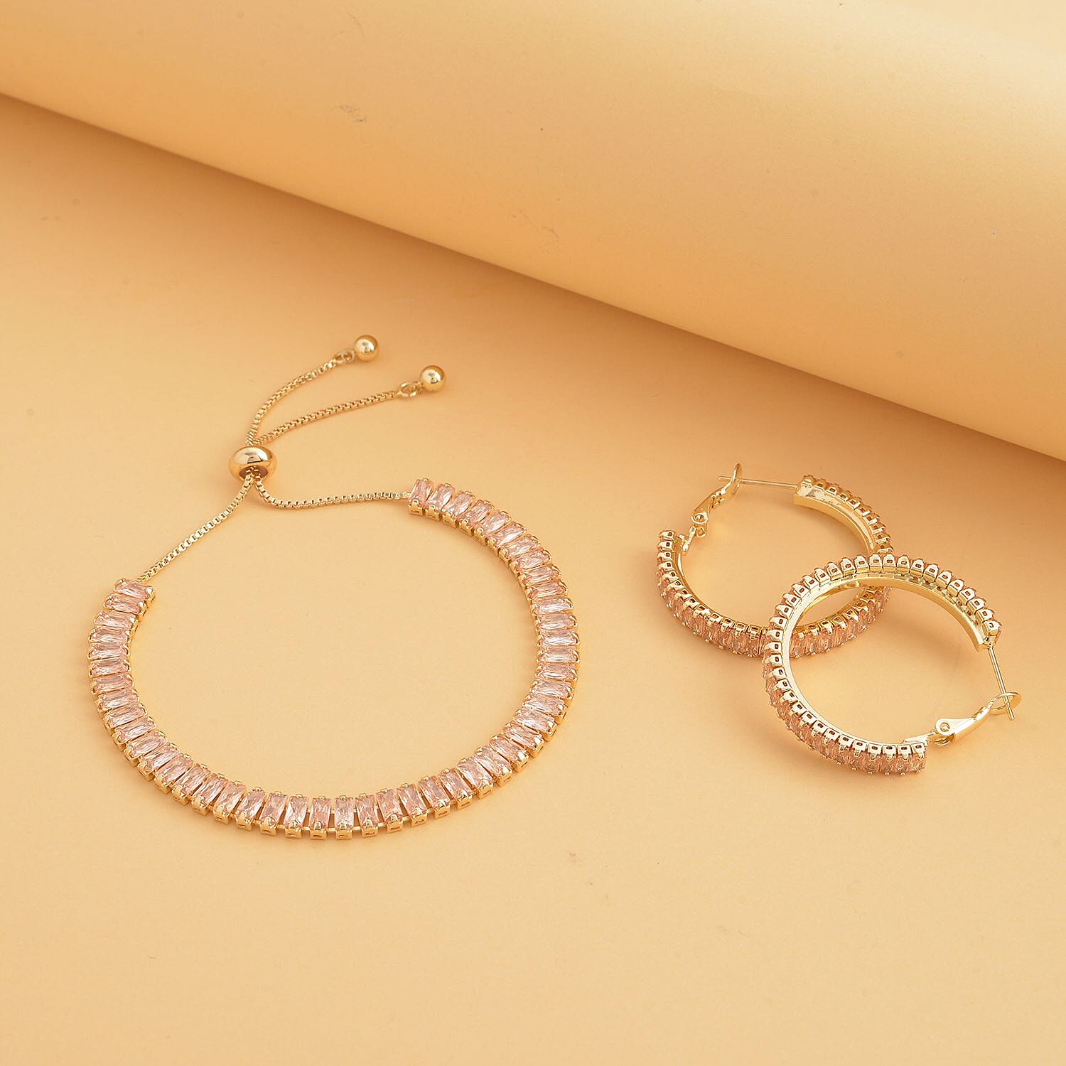 2 Piece Set - Simulated Diamond Earrings (with Clasp) and Bracelet (Adjustable 6 to 9 inch) in Yellow Gold Tone