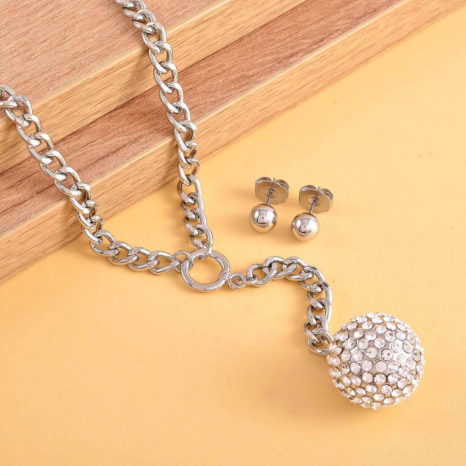 2 Piece Set - White Austrian Crystal Necklace (Size 21-2 Inch Ext.) and Stud Earrings
