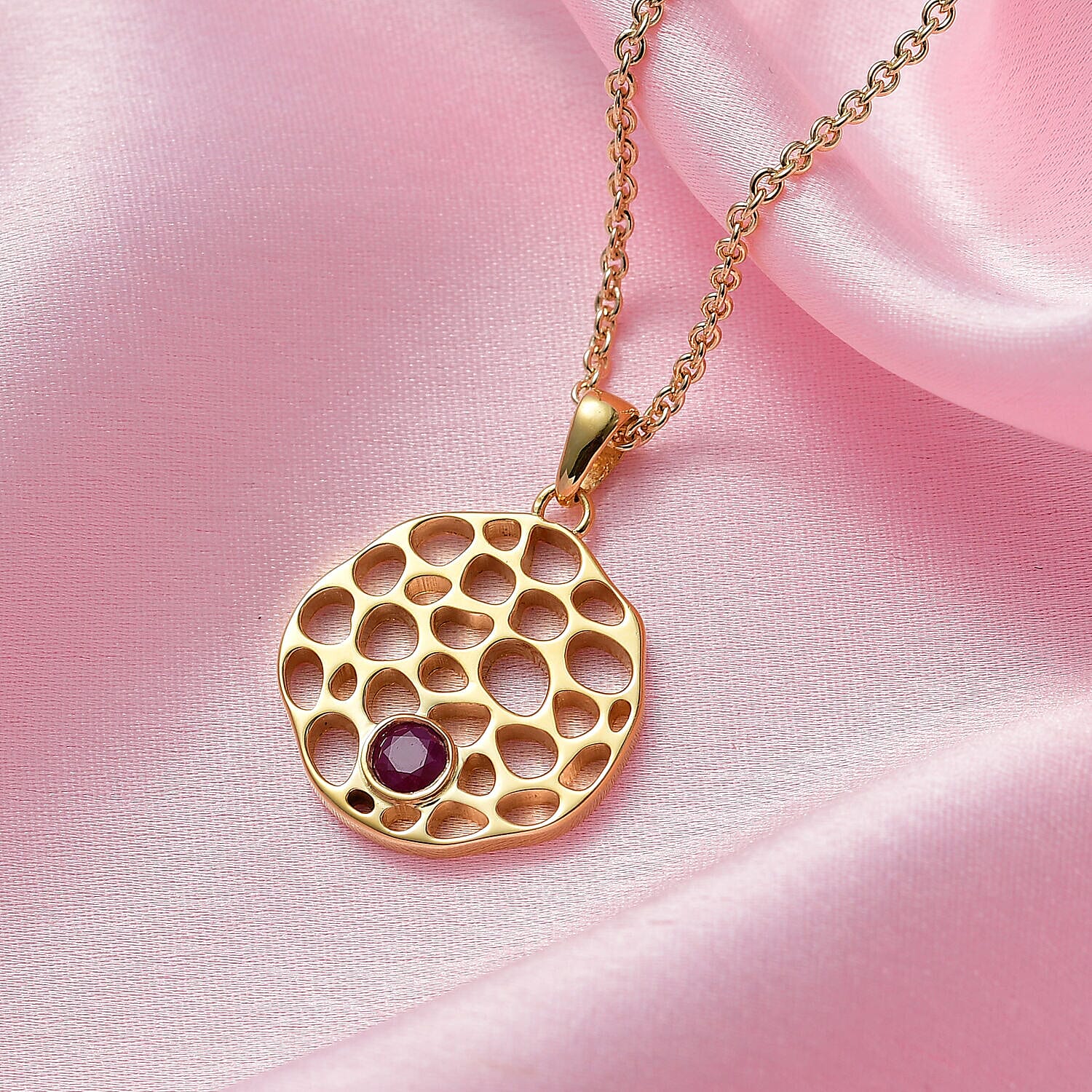 RACHEL GALLEY - Ruby Pendant with Chain (Size - 18/22/24 Inch)in Vermeil YG Ovellay Sterling Silver Wt. 9.80 Gms
