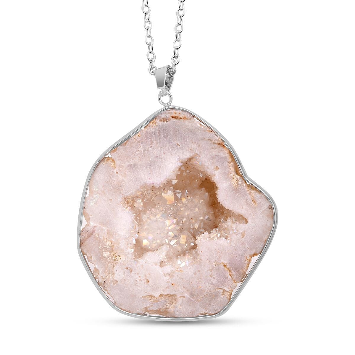 Icy White Drusy Quartz Pendant with Chain (Size-24) in Silver Tone 340.00 Ct