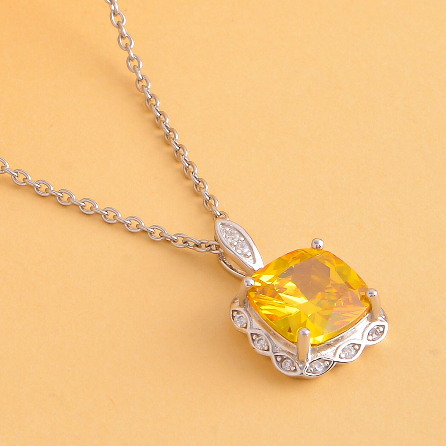 Simulated Canary Yellow Diamond and Simulated Diamond Pendant with Stainless Steel Chain (Size - 20) in Rhodium Overlay Sterling Silver