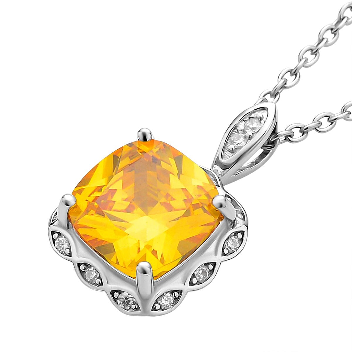 Simulated Canary Yellow Diamond and Simulated Diamond Pendant with Stainless Steel Chain (Size - 20) in Rhodium Overlay Sterling Silver