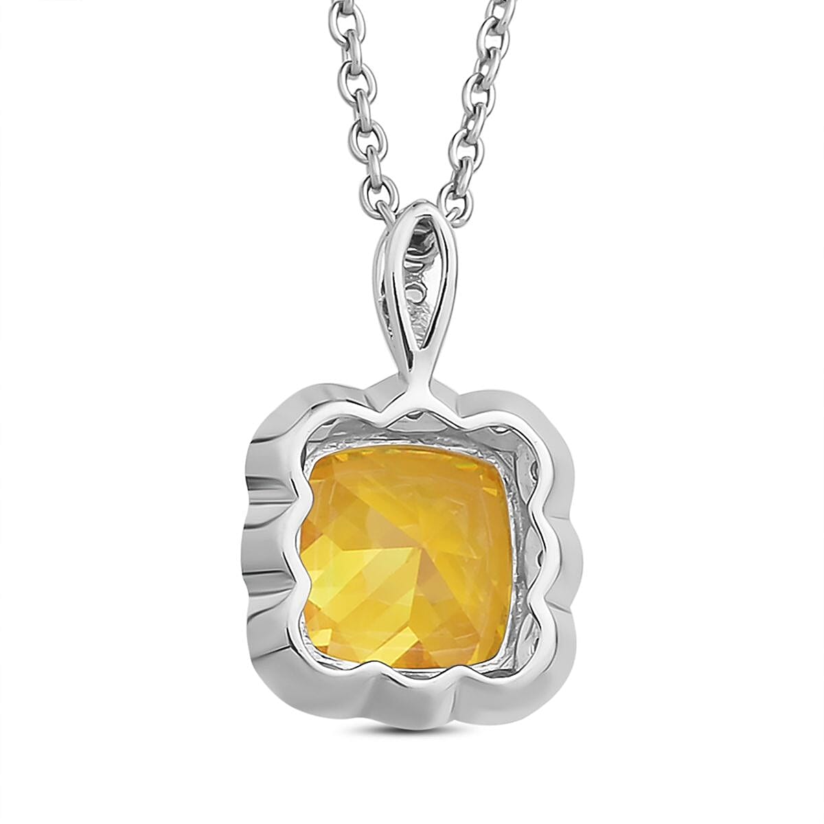 Simulated Canary Yellow Diamond and Simulated Diamond Pendant with Stainless Steel Chain (Size - 20) in Rhodium Overlay Sterling Silver