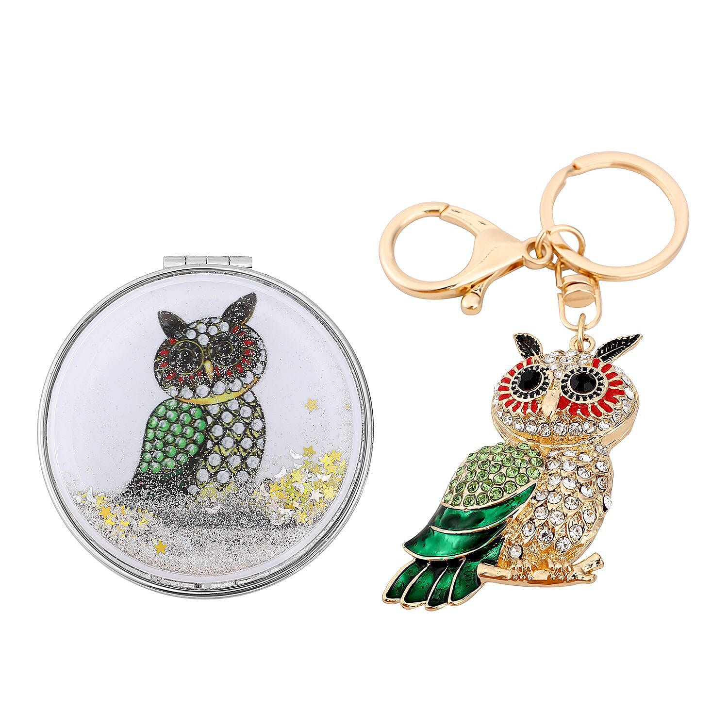 Set of 2 - Multi Colour Austrian Crystal Enamelled Owl Keychain and Mirror in Yellow Gold Tone