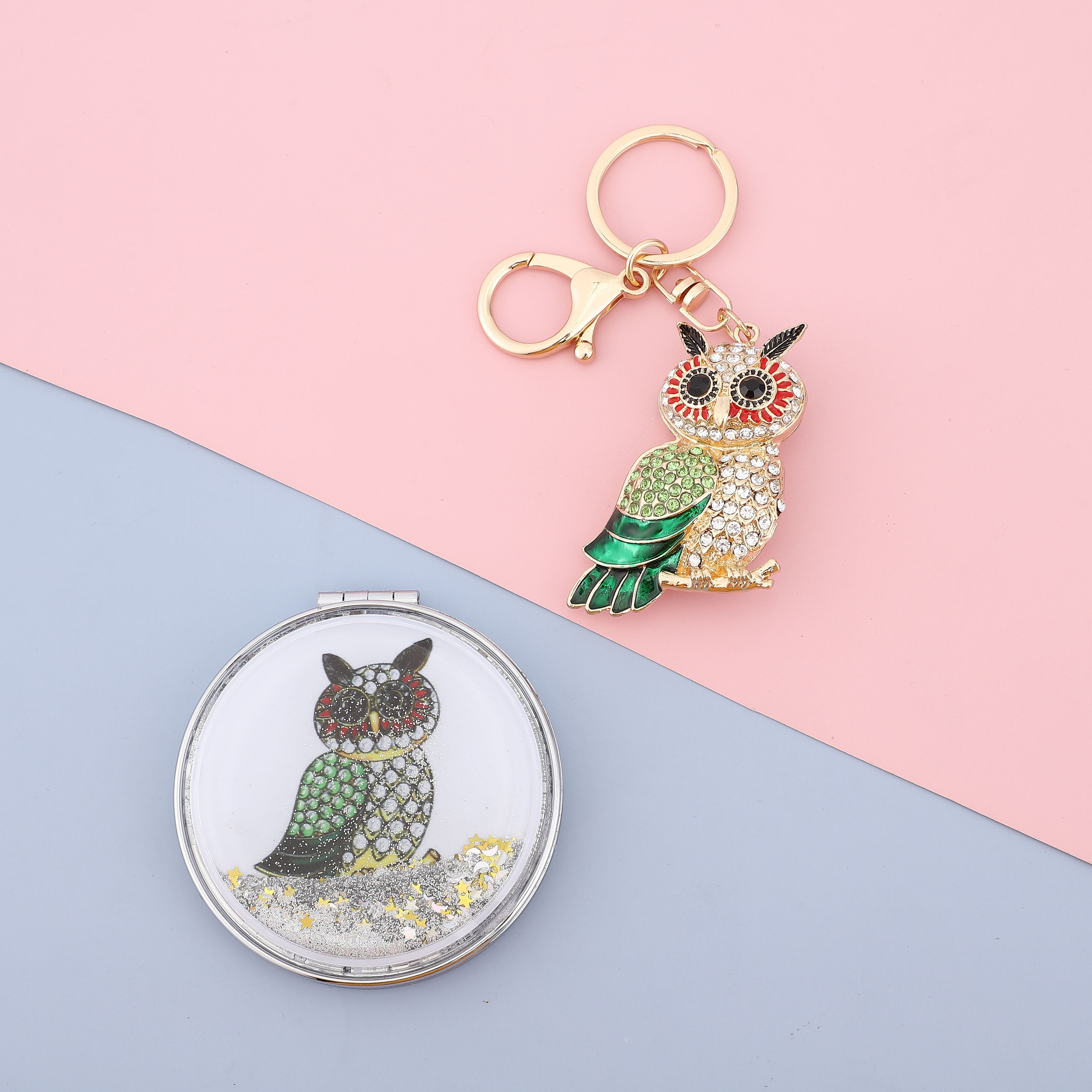 Set of 2 - Multi Colour Austrian Crystal Enamelled Owl Keychain and Mirror in Yellow Gold Tone
