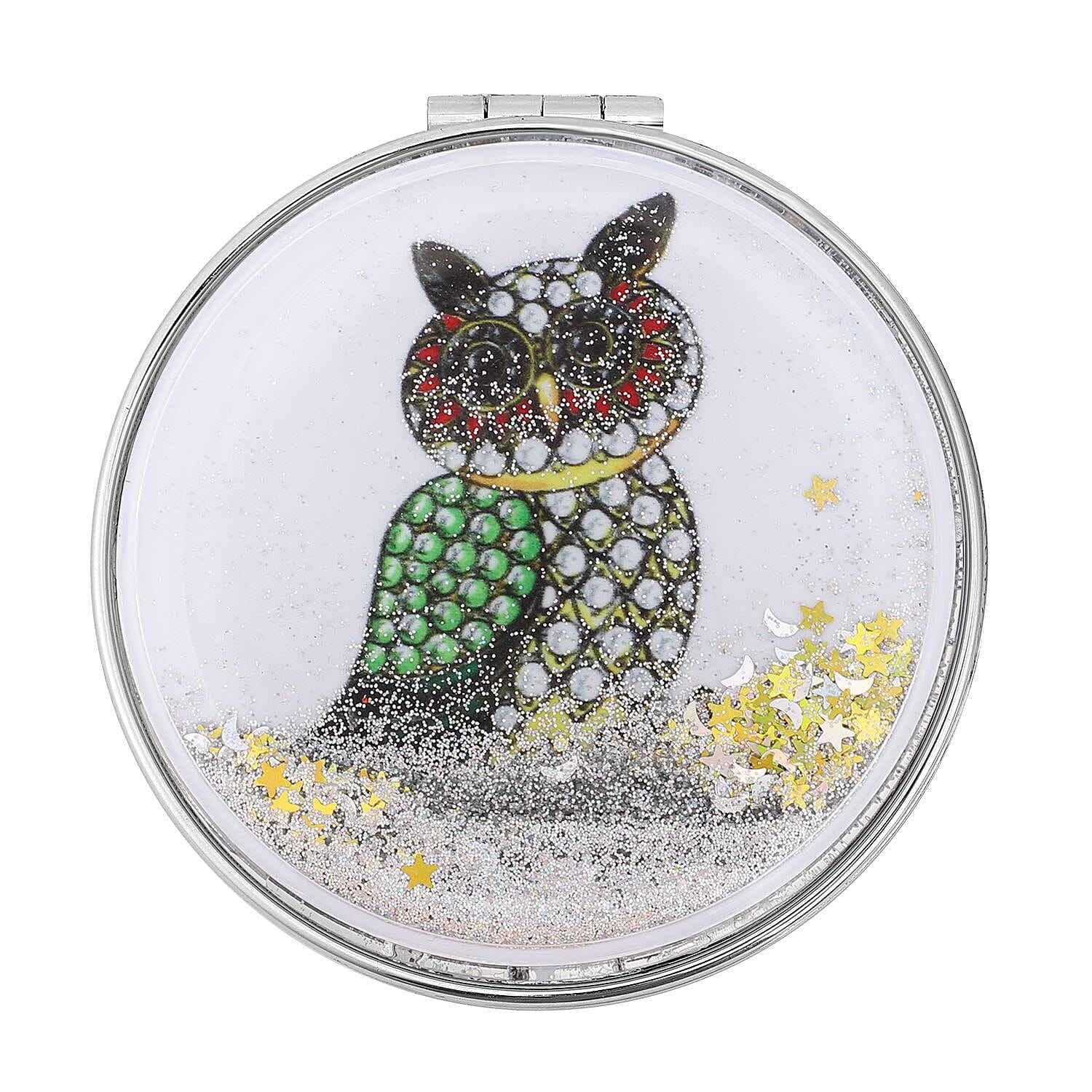 Set of 2 - Multi Colour Austrian Crystal Enamelled Owl Keychain and Mirror in Yellow Gold Tone
