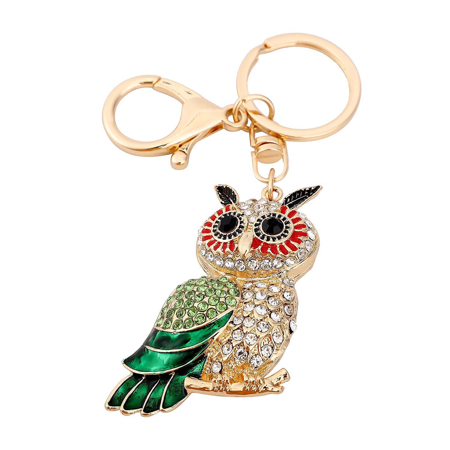 Set of 2 - Multi Colour Austrian Crystal Enamelled Owl Keychain and Mirror in Yellow Gold Tone