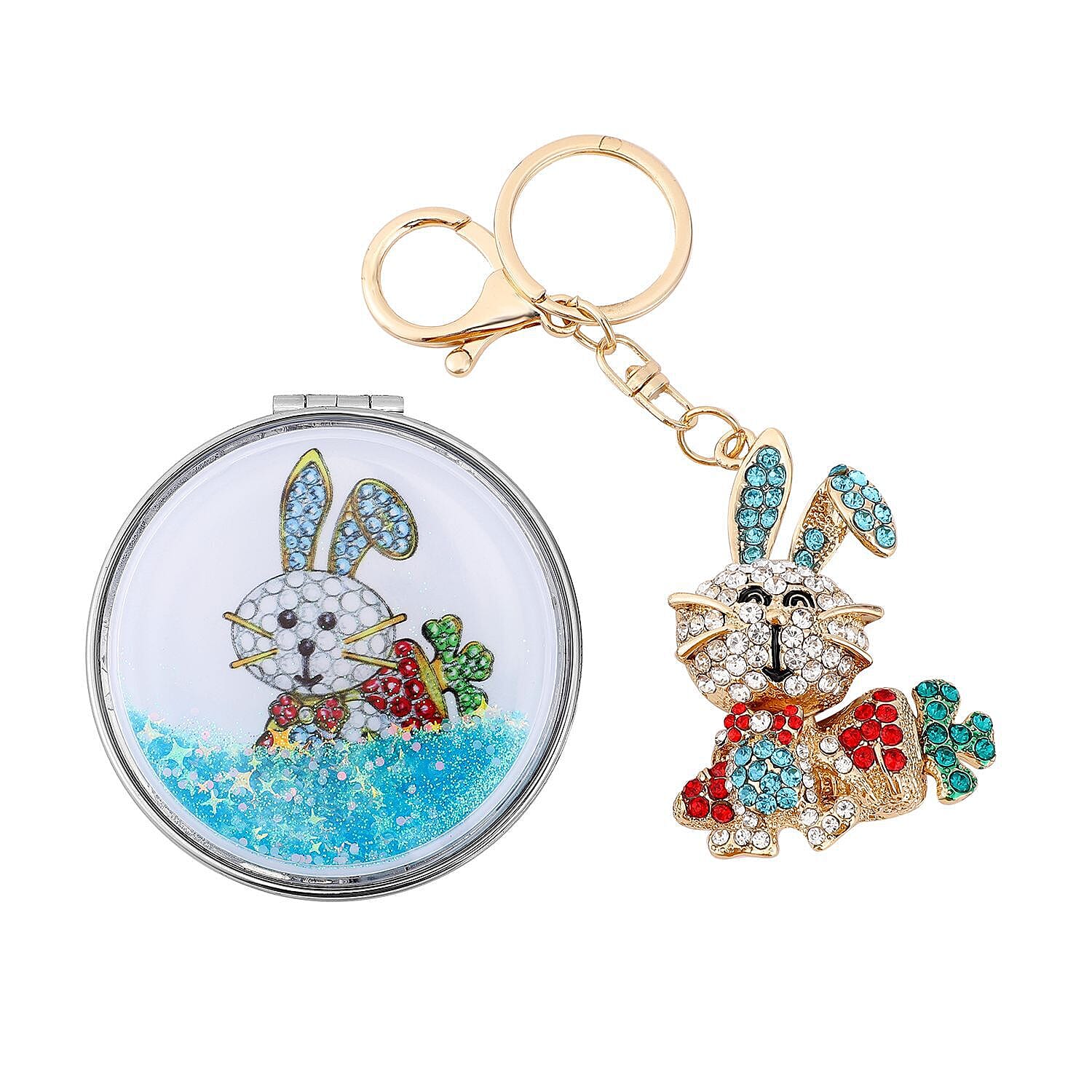 Set of 2 - Multi Colour Austrian Crystal Enamelled Bugs Bunny Keychain and Mirror in Yellow Gold Tone