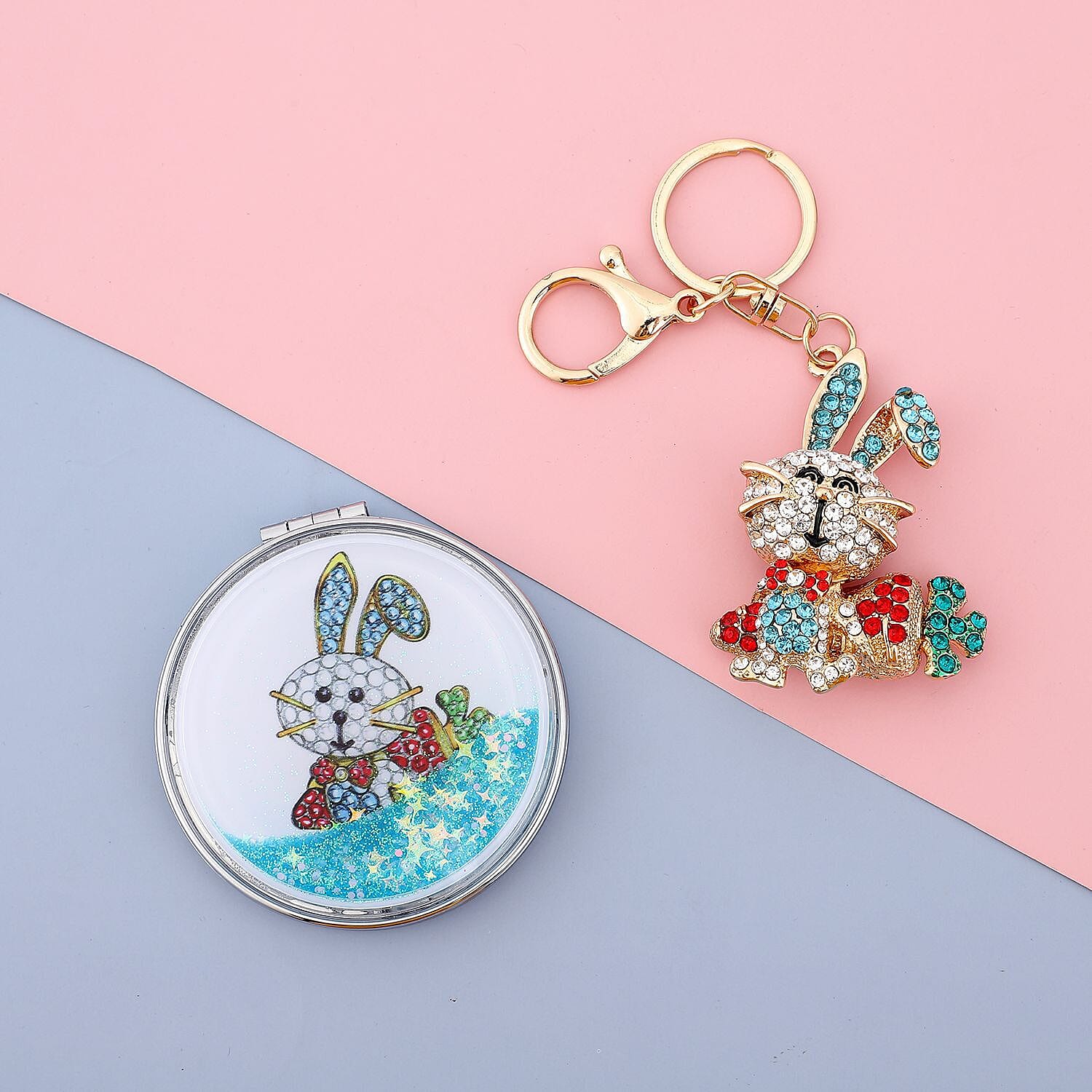 Set of 2 - Multi Colour Austrian Crystal Enamelled Bugs Bunny Keychain and Mirror in Yellow Gold Tone