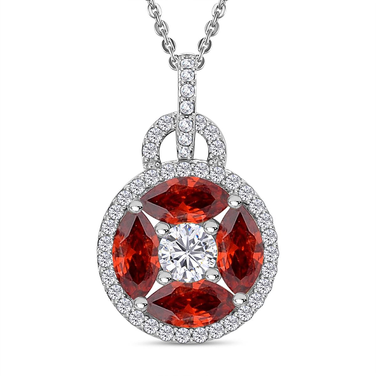 Simulated Diamond and Simulated Garnet Circle of Life Pendant with Chain in Rhodium Overlay Sterling Silver