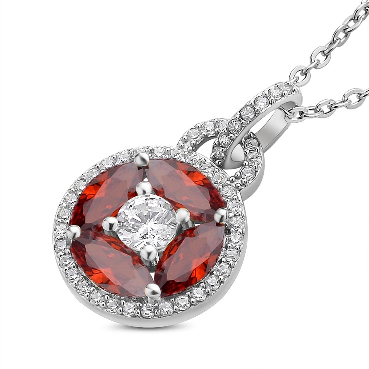 Simulated Diamond and Simulated Garnet Circle of Life Pendant with Chain in Rhodium Overlay Sterling Silver