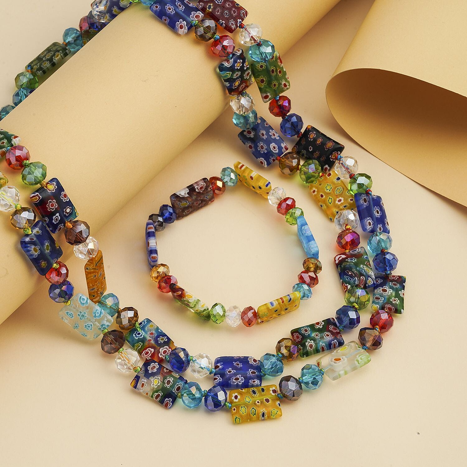 2 Piece Set - Multi Colour Murano Style Glass Beads Necklace (Size 46) and Bracelet (Size 7 Stretchable)
