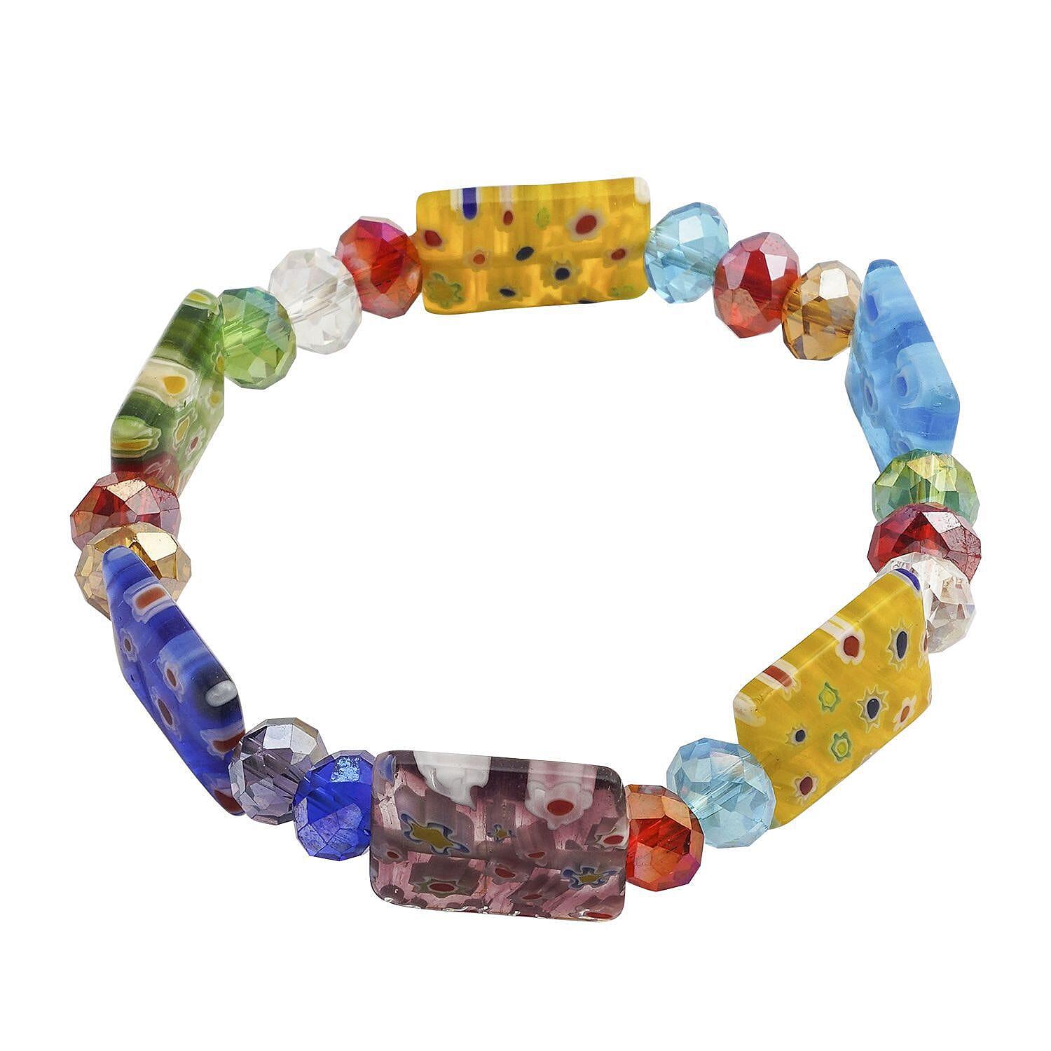 2 Piece Set - Multi Colour Murano Style Glass Beads Necklace (Size 46) and Bracelet (Size 7 Stretchable)