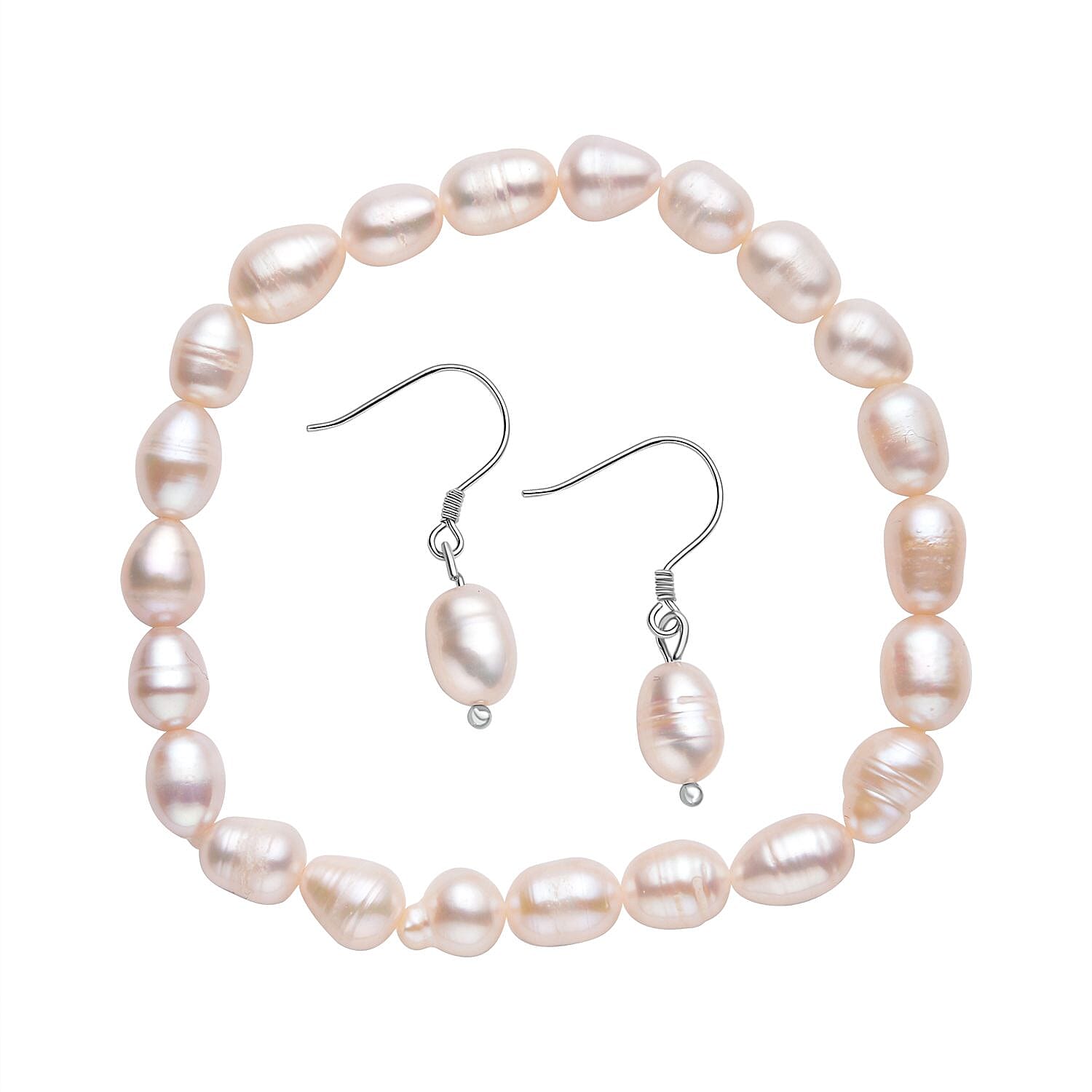 2 Piece Set - White Fresh Water Pearl Bracelet and Earrings in Rhodium Overlay Sterling Silver
