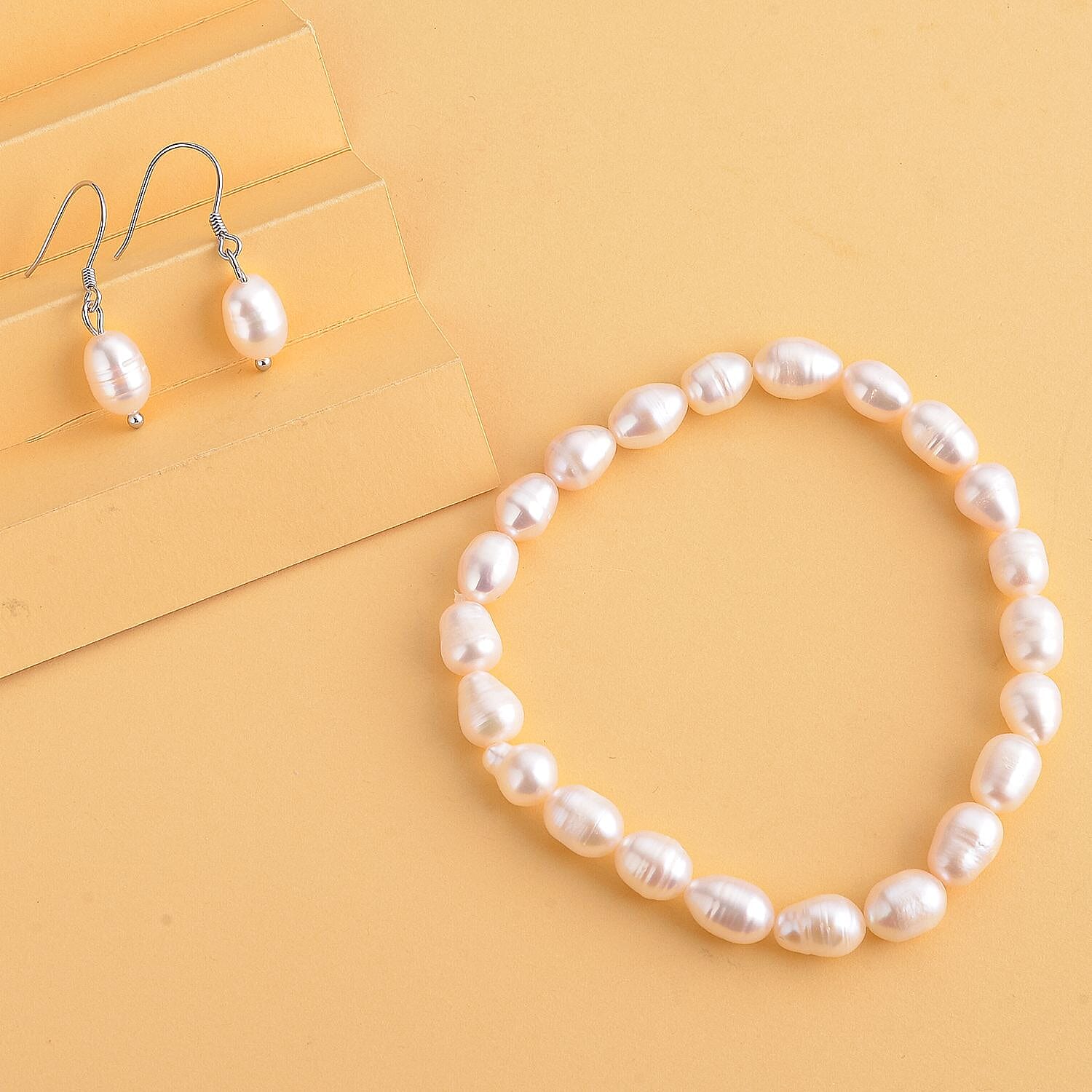 2 Piece Set - White Fresh Water Pearl Bracelet and Earrings in Rhodium Overlay Sterling Silver