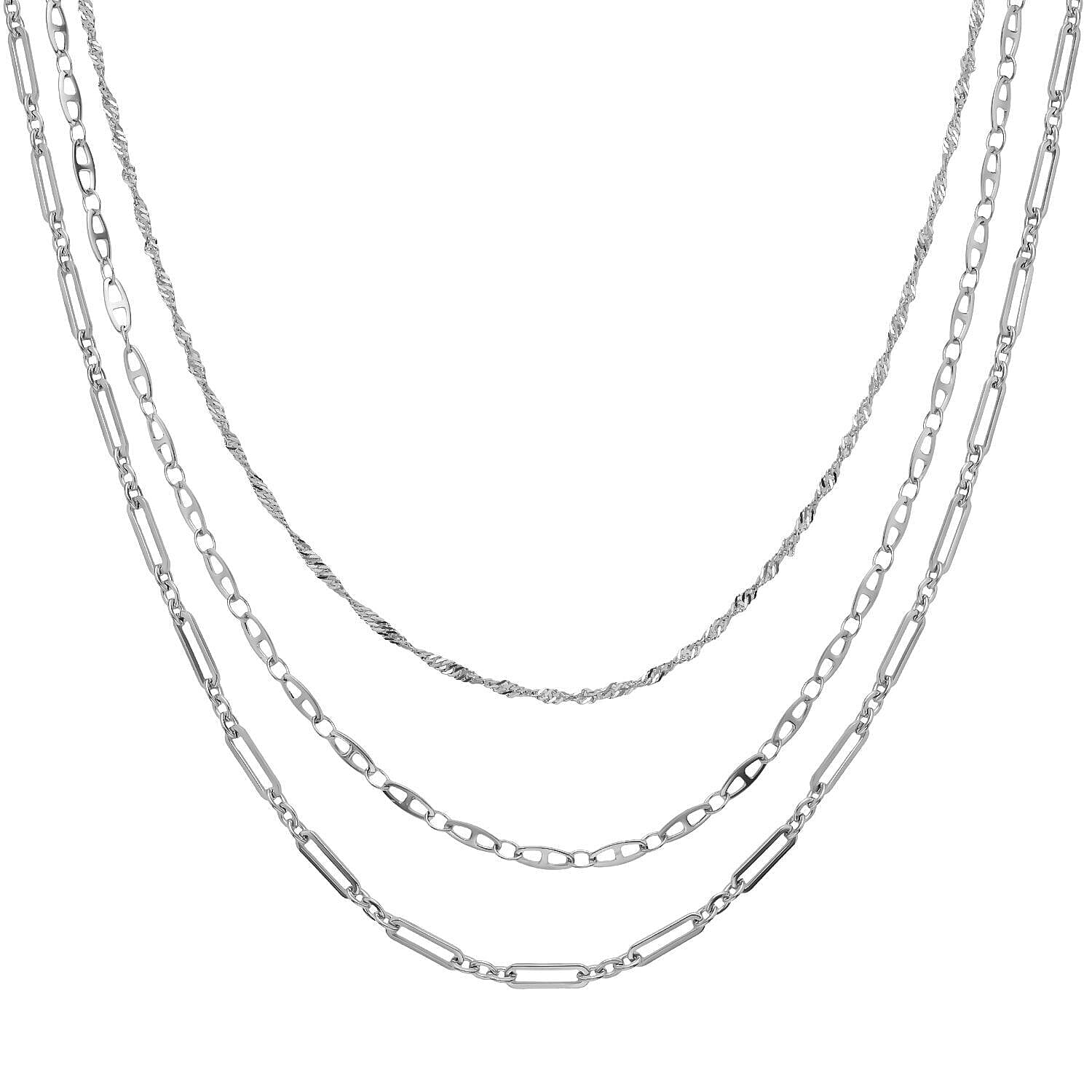 Set of 3 - Mariner, Singapore & Paperclip Link Necklace (Size - 24) in Stainless Steel