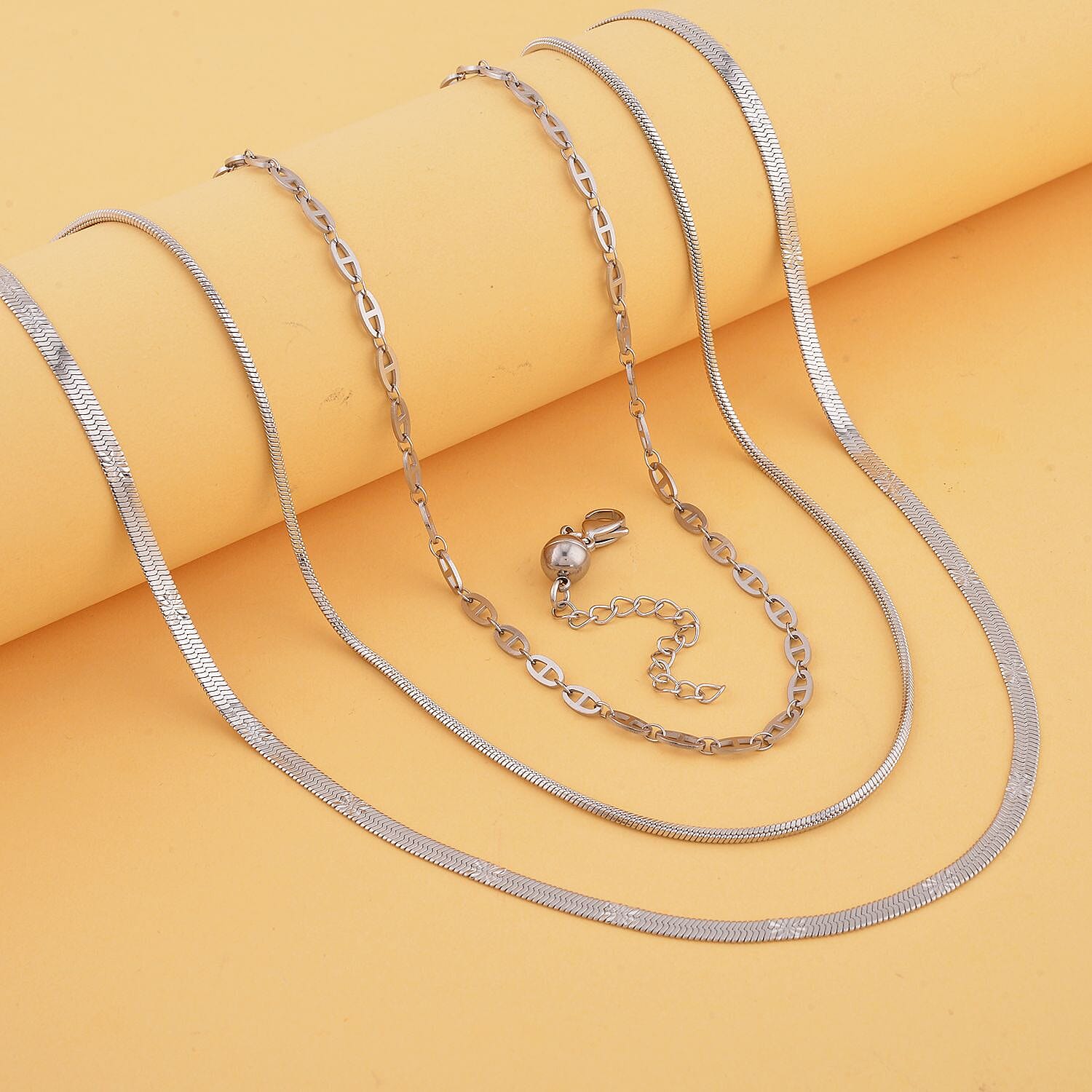 Set of 4 - 3 Necklaces (Size - 24- 2 inch Extender) with Magnetic Lock & Lobster Clasp in Silver Tone
